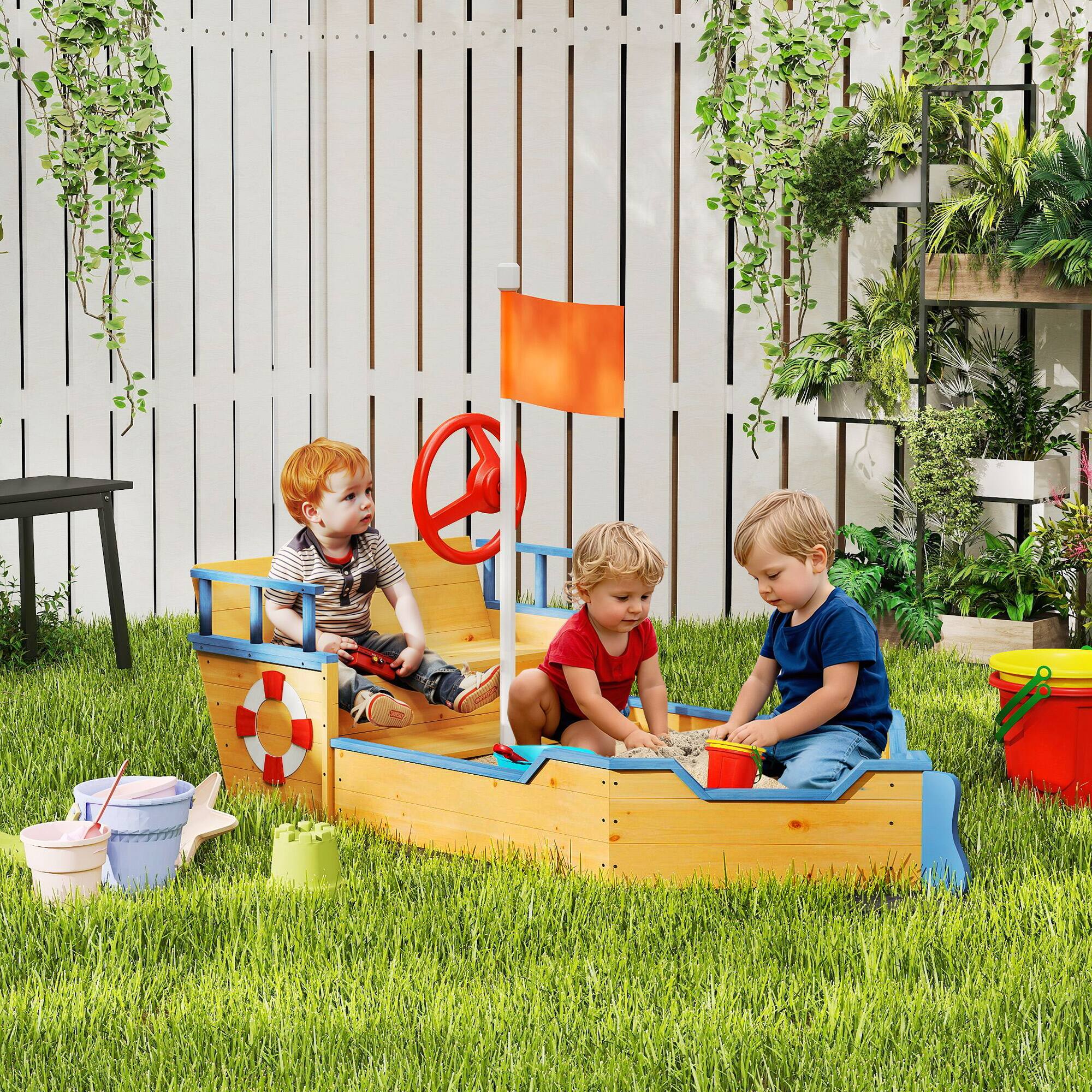 Angle. Outsunny - Wooden Kids Sandbox, Pirate Ship Outdoor Sandboat, Bench Seats, Storage, Non-Woven Fabric Cloth, Lawn.