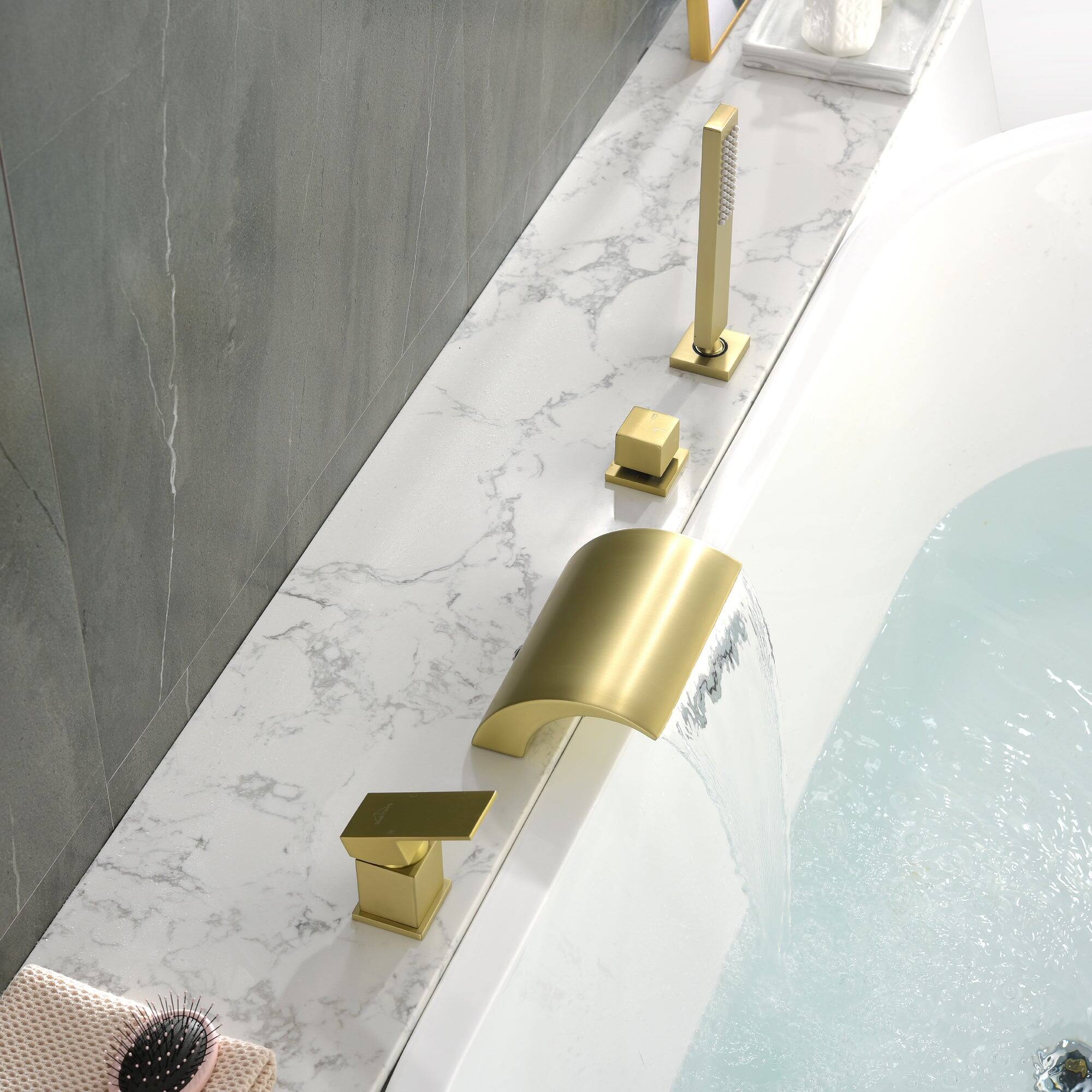 Alt View 8. Boyel Living - Single-Handle Tub Deck Mount Roman Tub Faucet with Hand Shower and Water Suply Hose in Brushed Gold - Brushed Gold.