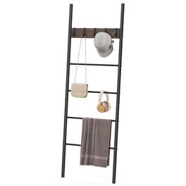 Gymax - 5-Tier Ladder Shelf Wall Leaning Blanket Ladder w/5 Removable Hooks Rustic Brown - Rustic Brown, Black