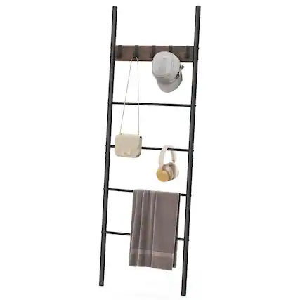 Front. Gymax - Gymax 5-Tier Ladder Shelf Wall Leaning Blanket Ladder w/5 Removable Hooks Rustic Brown - Rustic Brown, Black.