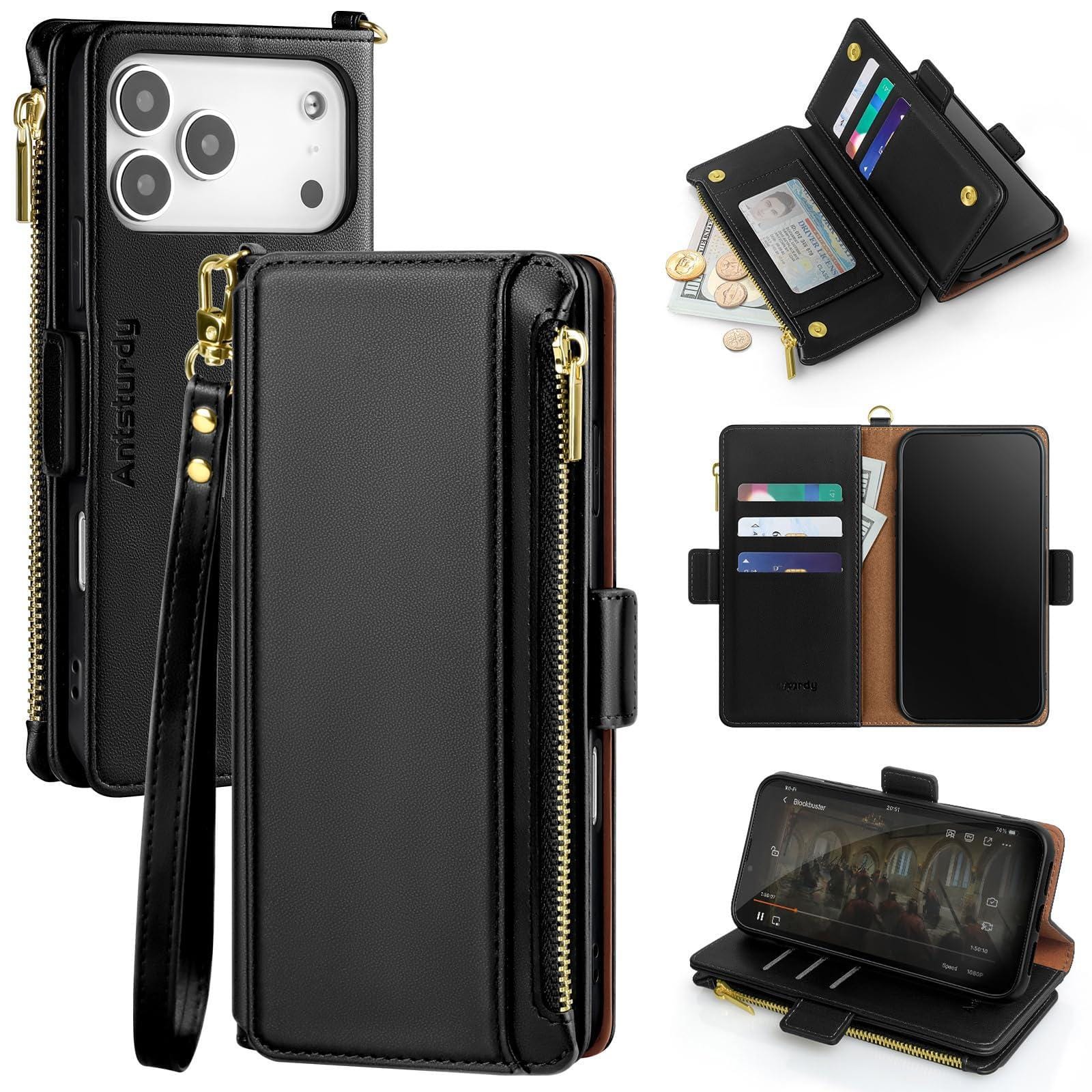 Jadie Link - Compatible Pro Wallet Case Women Rfid Blocking Leather Phone Men Kickstand Flip Cover Wrist Strap Zipper Credit Card - Black-iPhone 17 Pro - 6.3"