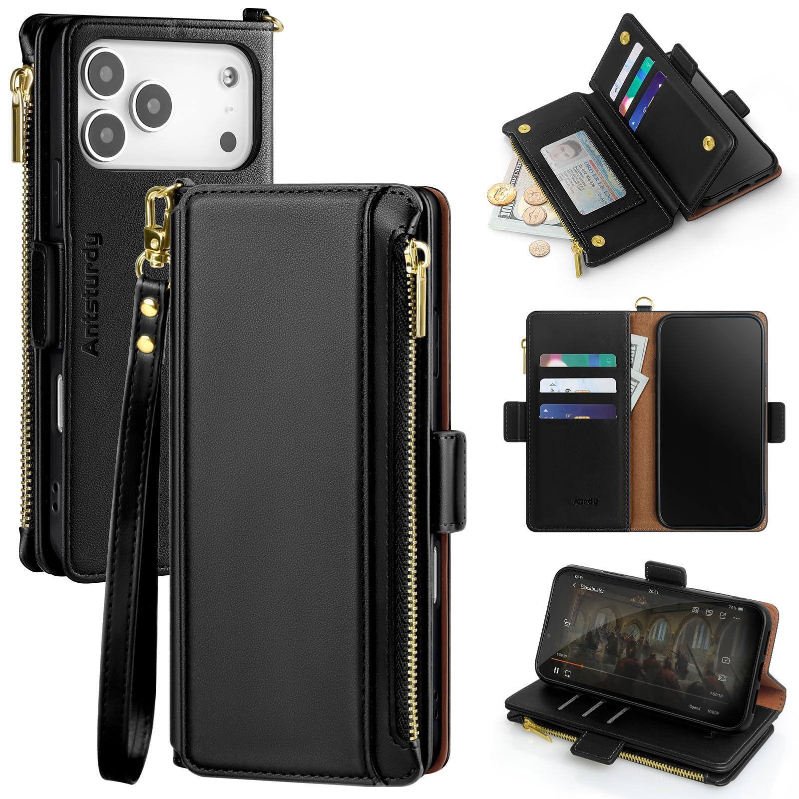 Front. Jadie Link - Compatible Pro Wallet Case Women Rfid Blocking Leather Phone Men Kickstand Flip Cover Wrist Strap Zipper Credit Card - Black-iPhone 17 Pro - 6.3".