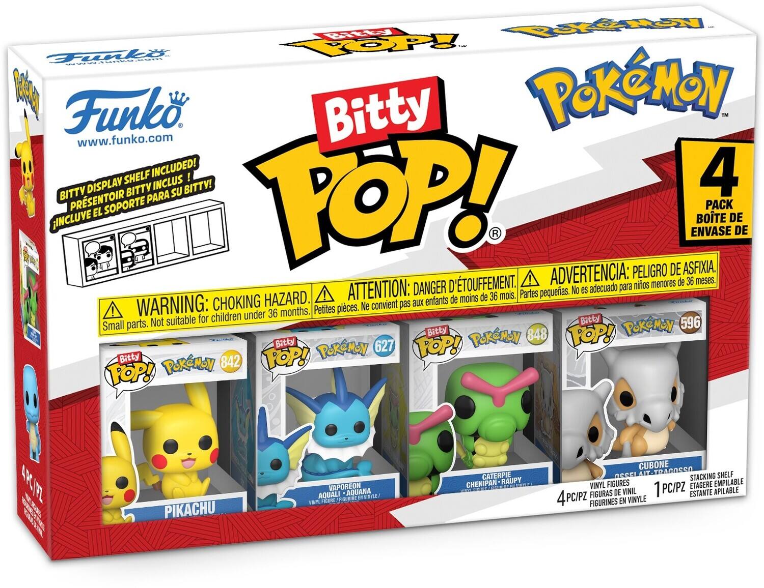 **Front of the Box:**

- **Top Left Corner:**
  - Funko
  - www.funko.com

- **Top Center:**
  - Bitty POP!
  - Pokémon

- **Top Right Corner:**
  - 4 PACK
  - BOÎTE DE 4

- **Middle Left:**
  - WARNING: CHOKING HAZARD. Small parts. Not suitable for children under 36 months.
  - ADVERTENCIA: PELIGRO DE ASFIXIA. Partes pequeñas. No es adecuado para niños menores de 36 meses.
  - ATTENTION: DANGER D’ÉTOUFFEMENT. Petites pièces. Ne convient pas aux enfants de moins de 36 mois.

- **Middle Center:**
  - Bitty POP! Pokémon 842
  - PIKACHU
  - Bitty POP! Pokémon 627
  - VAPOREON AQUANA
  - Bitty POP! Pokémon 848
  - CATERPIE CHENIPAN
  - Bitty POP! Pokémon 596
  - CUBONE TRACOSSO