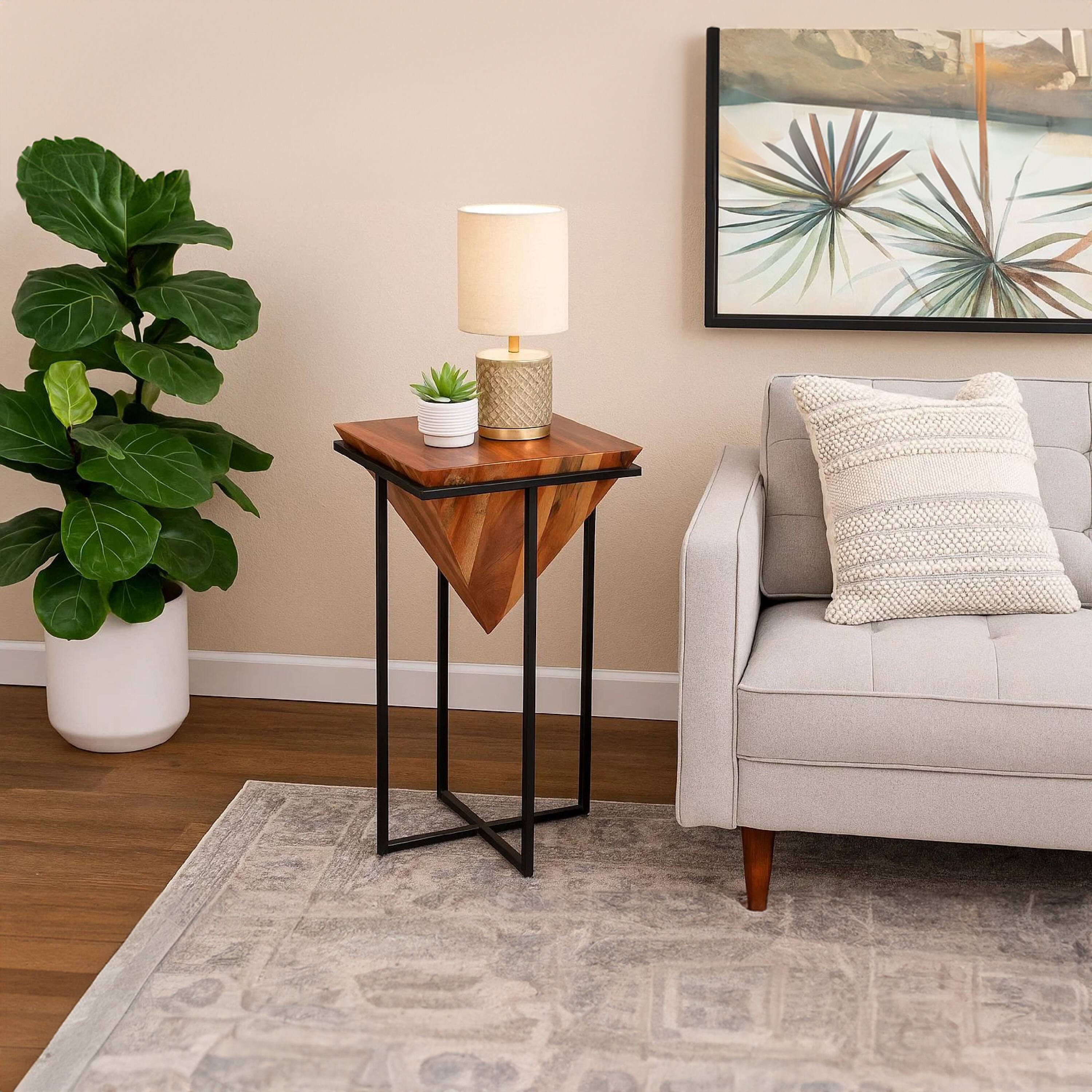 Alt View 7. Manhattan Lane - 30 Inch Pyramid Shape Acacia Wood Side Table With Cross Iron Base - Brown and Black.