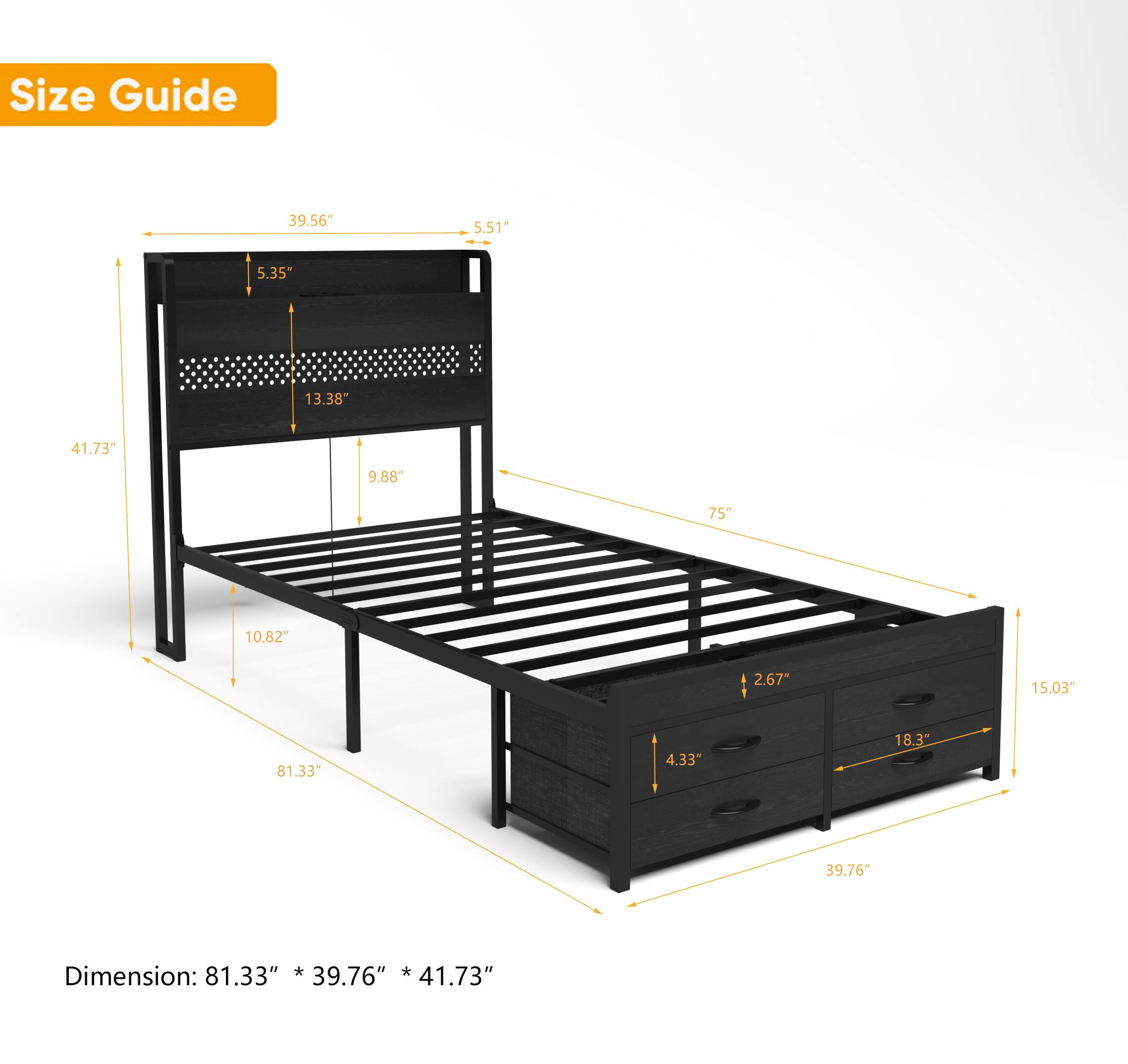 Size Guide

- 39.56"
- 5.51"
- 5.35"
- 13.38"
- 41.73"
- 9.88"
- 75"
- 10.82"
- 2.67"
- 15.03"
- 81.33"
- 4.33"
- 18.3"
- 39.76"

Dimension: 81.33" * 39.76" * 41.73"