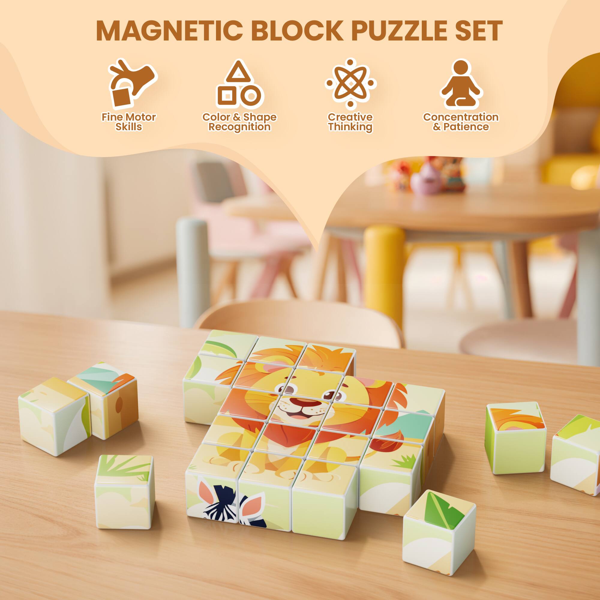 MAGNETIC BLOCK PUZZLE SET

- Fine Motor Skills
- Color & Shape Recognition
- Creative Thinking
- Concentration & Patience
