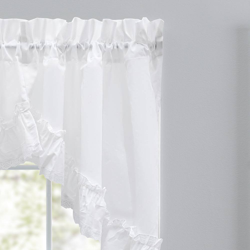 Left. Ellis Curtain - Ellis Curtain Madelyn Ruflled Victorian 1.5" Rod Pocket Swag for Windows Lace Edge 82" x 38" White - White.