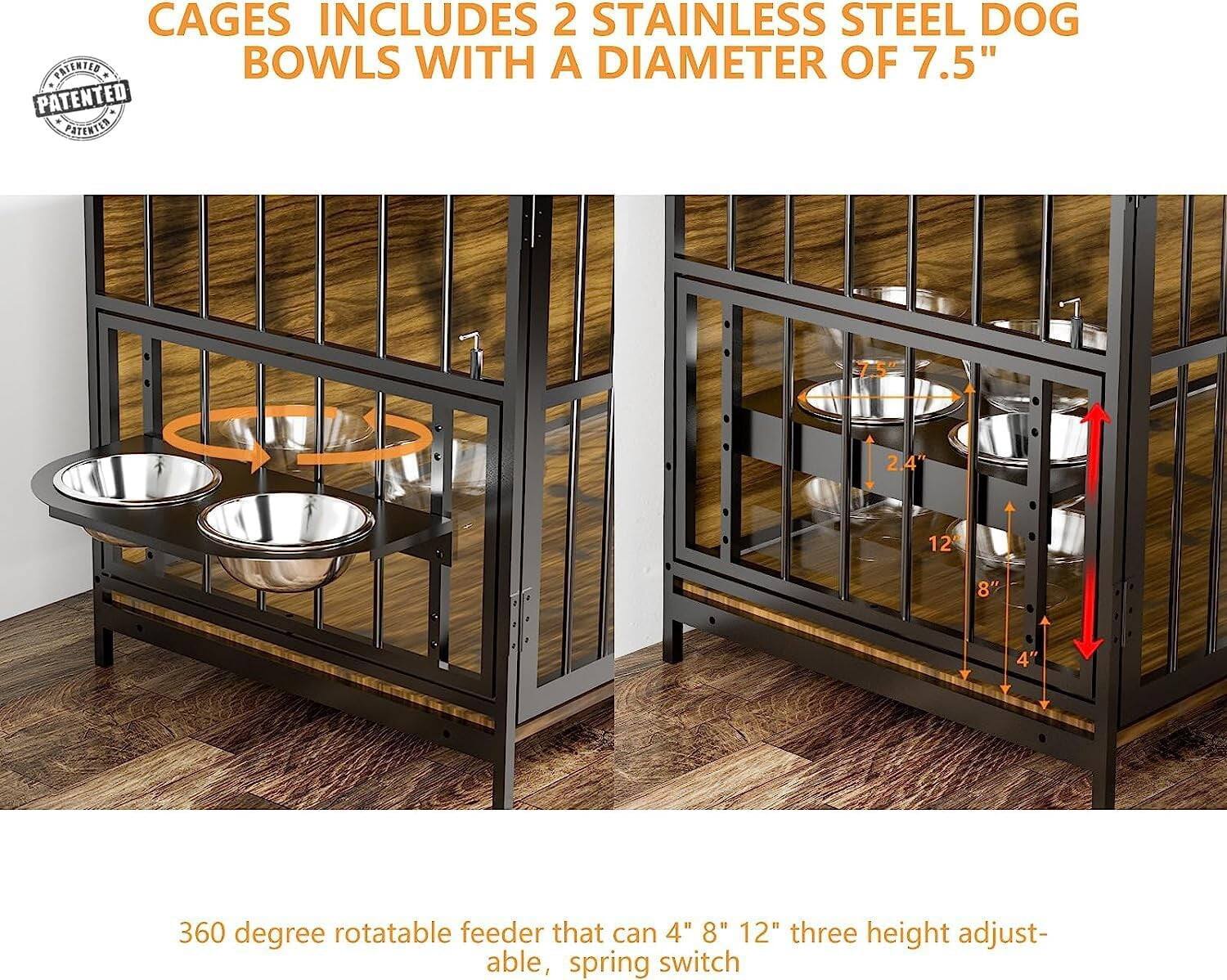 CAGES INCLUDES 2 STAINLESS STEEL DOG BOWLS WITH A DIAMETER OF 7.5"

PATENTED

360 degree rotatable feeder that can 4" 8" 12" three height adjustable, spring switch