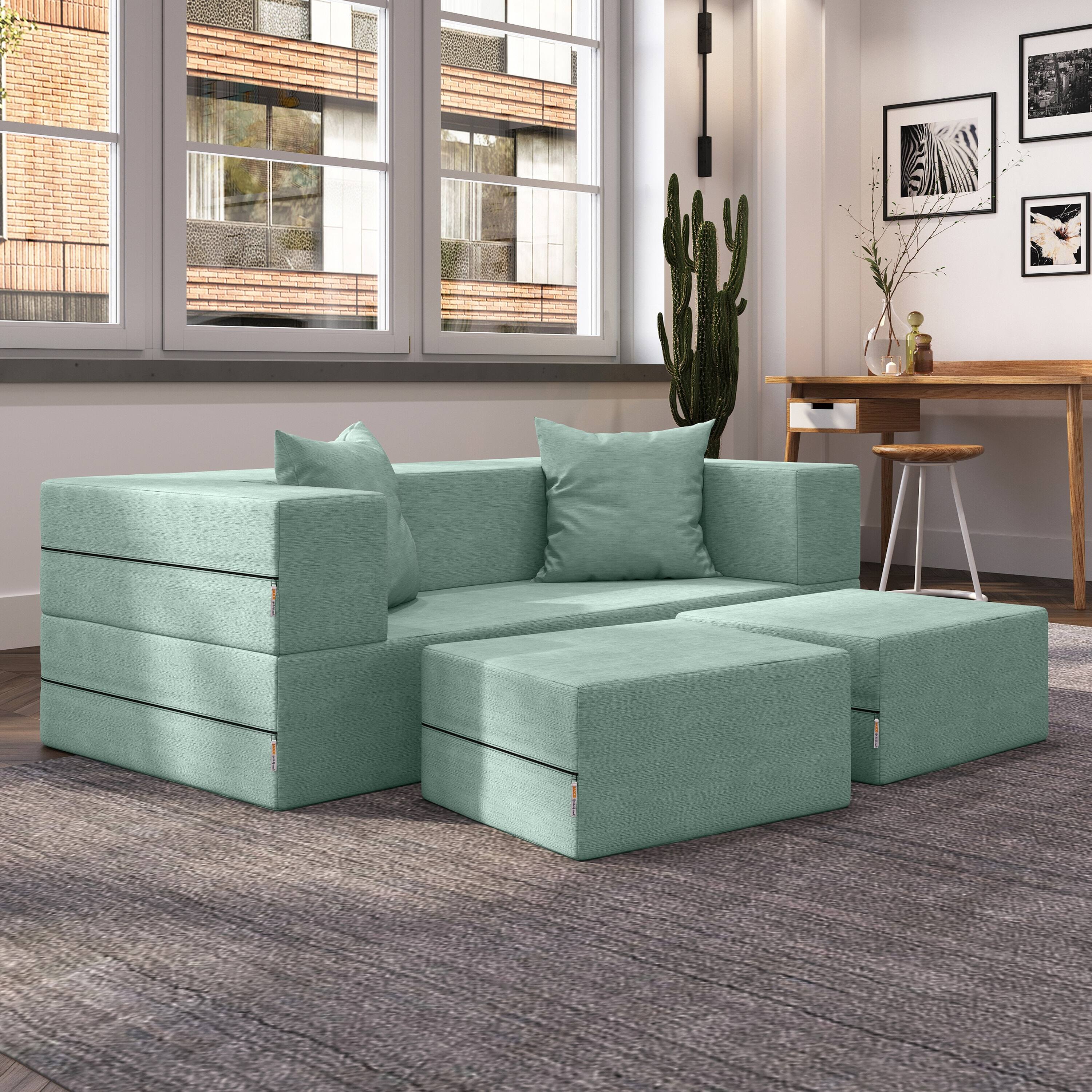 Left. Jaxx - Jaxx Zipline Convertible Sleeper Loveseat & Ottomans, Textured Microvelvet - Caribbean - Caribbean.