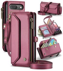 Dteck - Crossbody Wallet Case for Google Pixel 10 Pro with Card Slots and Zipper Pocket, RFID Blocking PU Leather Cover - Winered