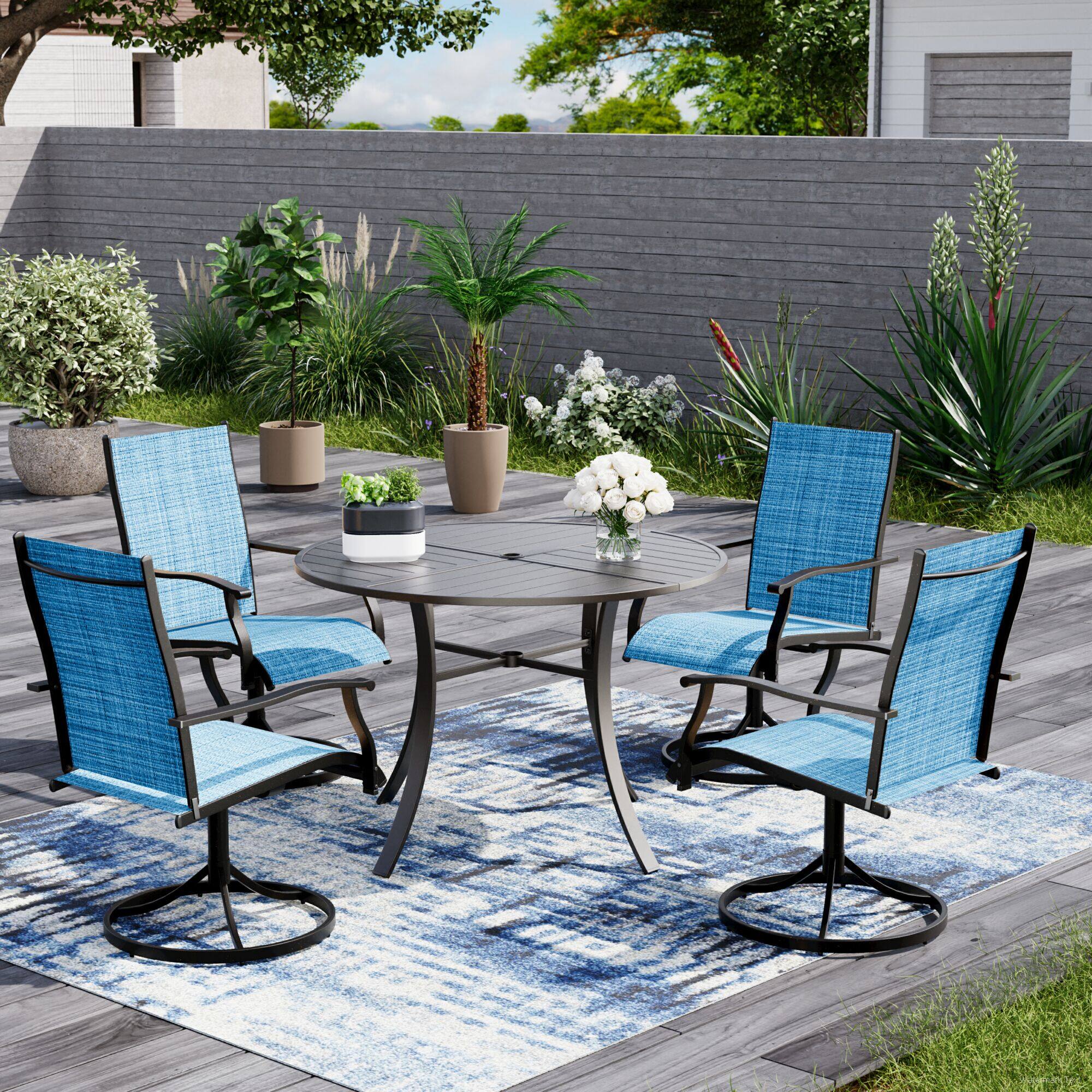 Left. U-HOMY - Patio Dining Set, Outdoor Round Table and 4 Fixed Chairs, Textilene Patio Chairs with Umbrella Hole for Garden, Backyard - Blue.