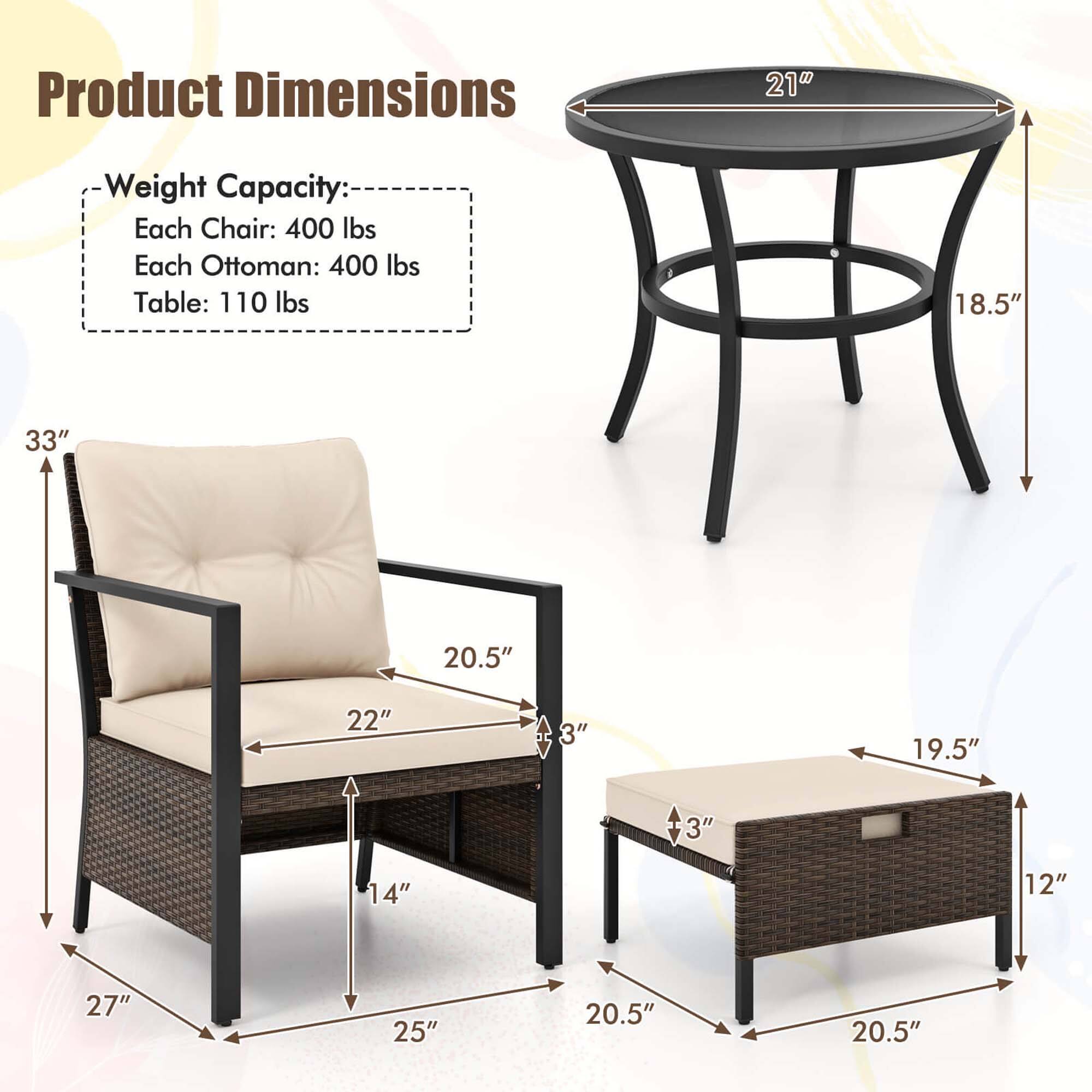 Product Dimensions:
- Weight Capacity: Each Chair: 400 lbs
- Each Ottoman: 400 lbs
- Table: 110 lbs
- 18.5"
- 33"
- 20.5"
- 22"
- 3"
- 19.5"
- 3"
- 14"
- 12"
- 27"
- 25"
- 20.5"
- 20.5"