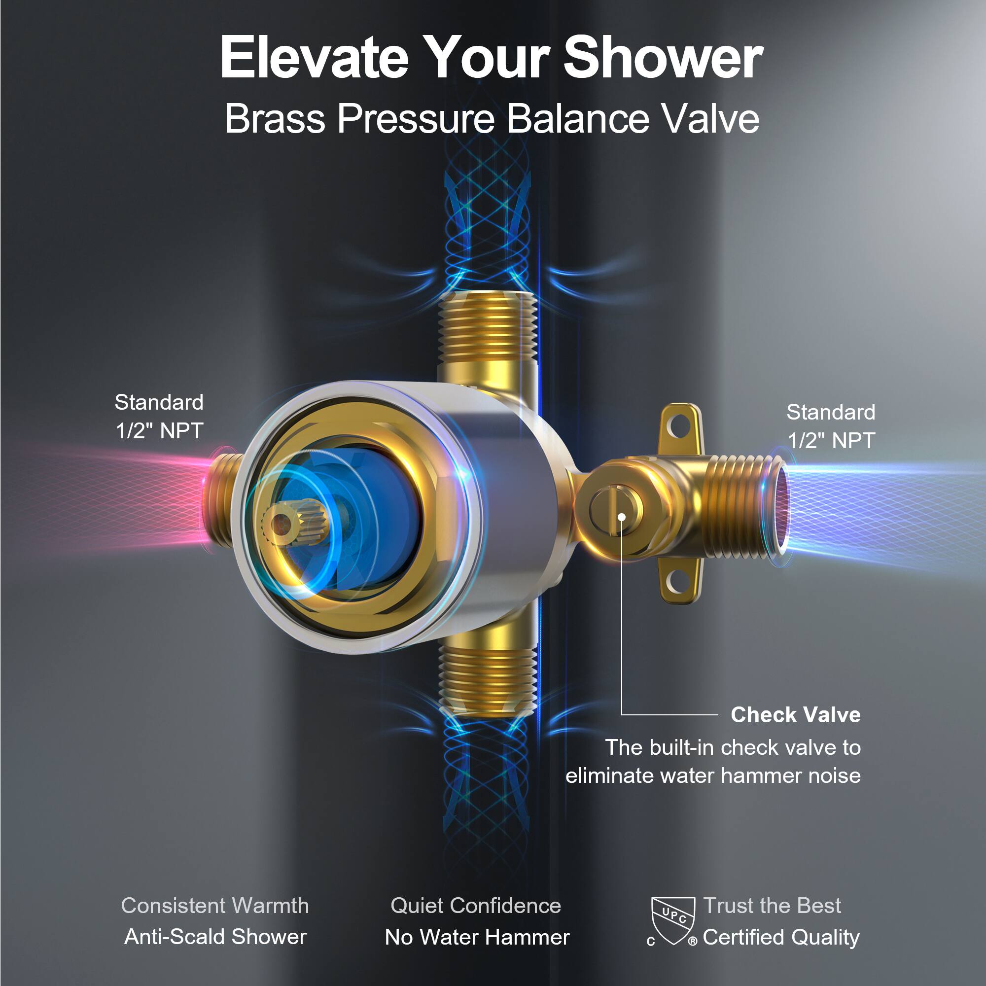 Elevate Your Shower  
Brass Pressure Balance Valve  

Standard 1/2" NPT  
Standard 1/2" NPT  

Check Valve  
The built-in check valve to eliminate water hammer noise  

Consistent Warmth  
Anti-Scald Shower  

Quiet Confidence  
No Water Hammer  

Trust the Best  
UPC C 8 Certified Quality