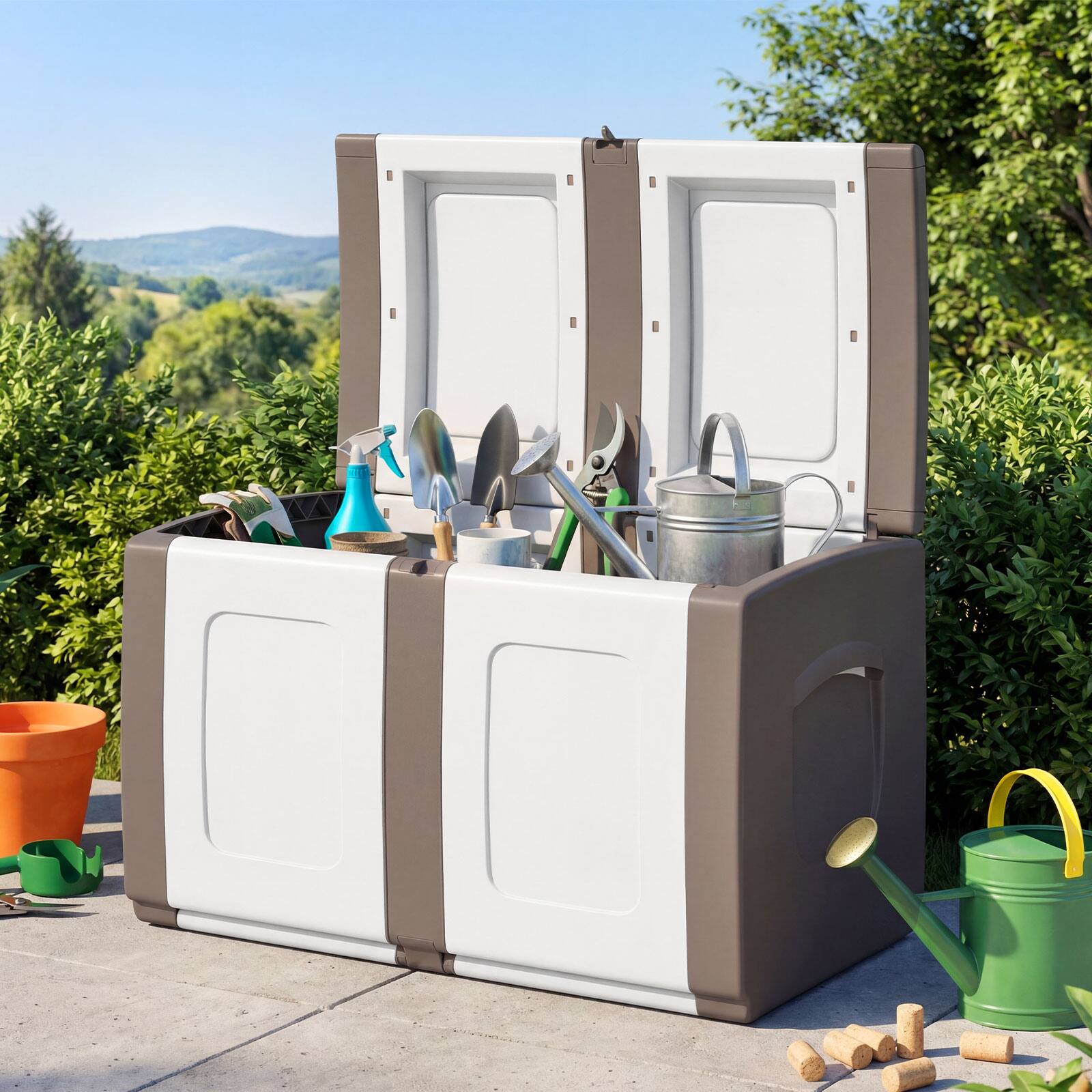Alt View 3. Gymax - Gymax Deck Box Patio Container w/ Lockable Lid Weatherproof Plastic Storage Bin Beige & White - Brown.