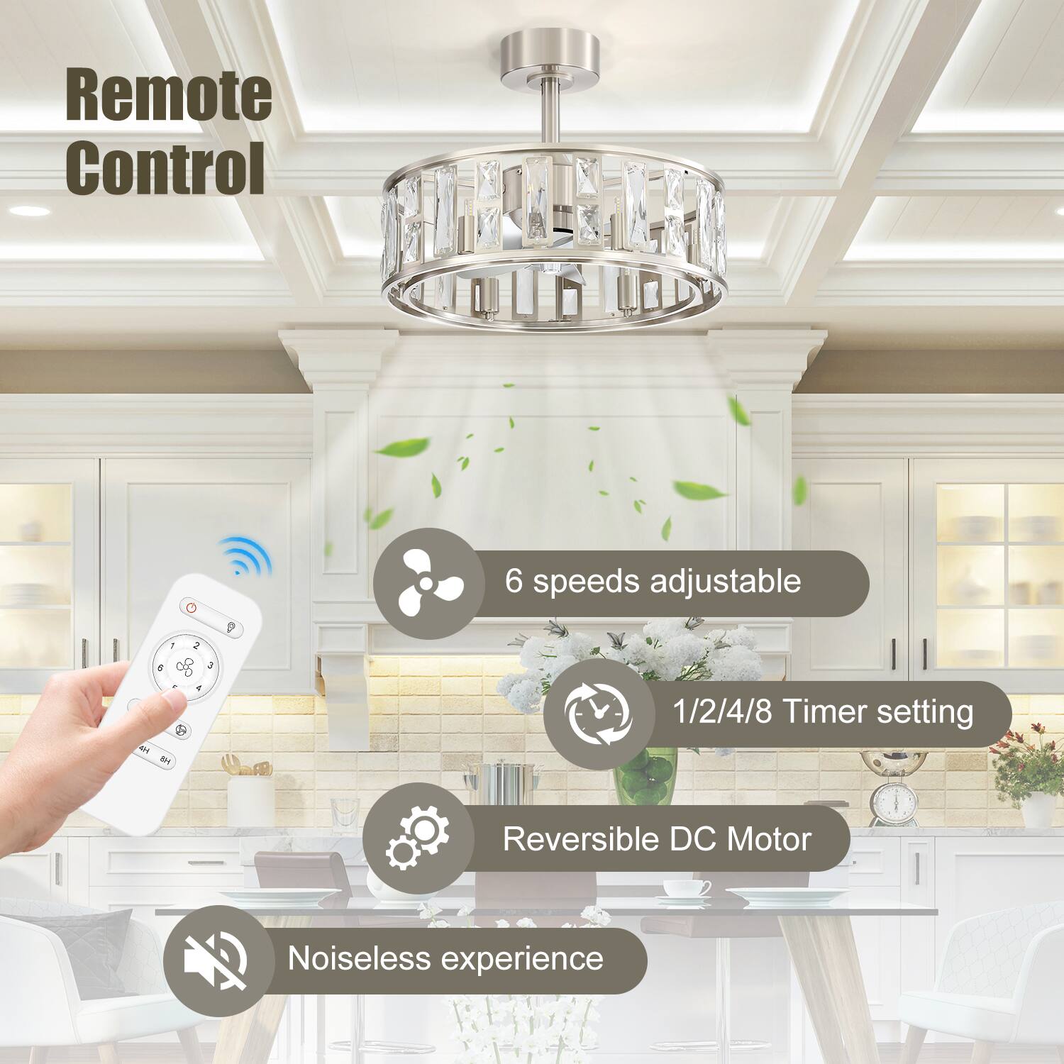 Remote Control

- 6 speeds adjustable
- 1/2/4/8 Timer setting
- Reversible DC Motor
- Noiseless experience