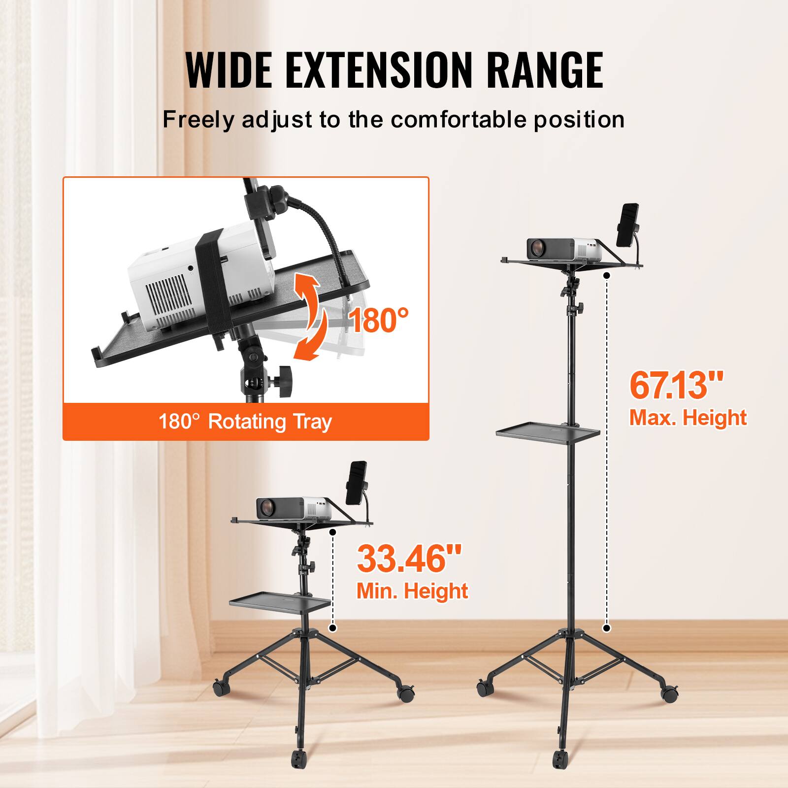 WIDE EXTENSION RANGE  
Freely adjust to the comfortable position  

180° Rotating Tray  

67.13" Max. Height  
33.46" Min. Height