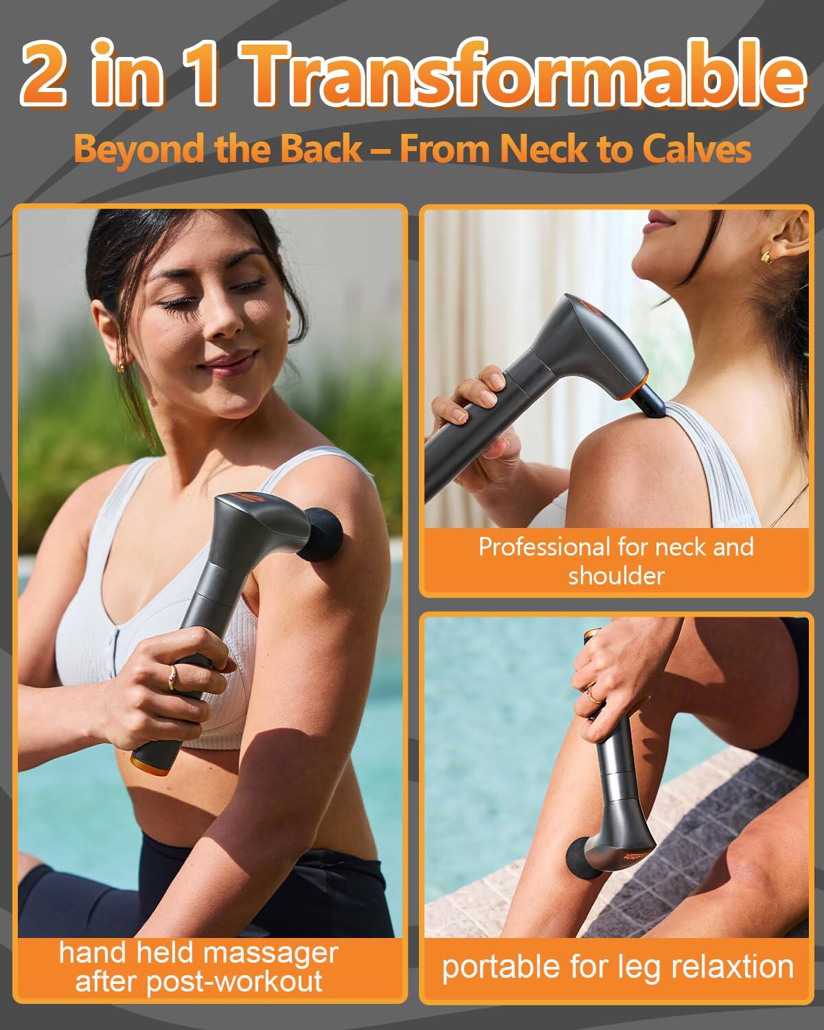 2 in 1 Transformable  
Beyond the Back – From Neck to Calves  

Professional for neck and shoulder  

hand held massager after post-workout  

portable for leg relaxation