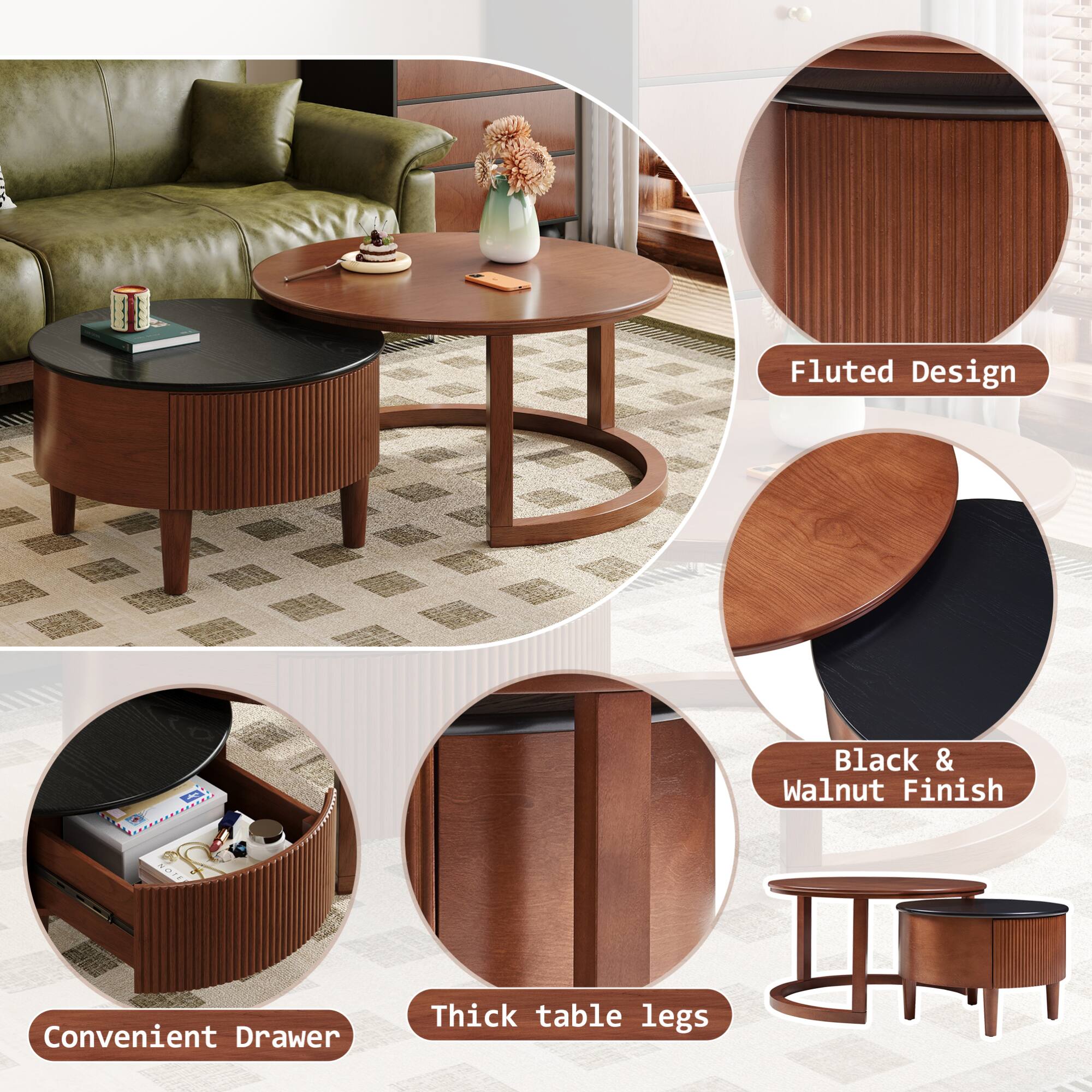 - Fluted Design
- Black & Walnut Finish
- Convenient Drawer
- Thick table legs