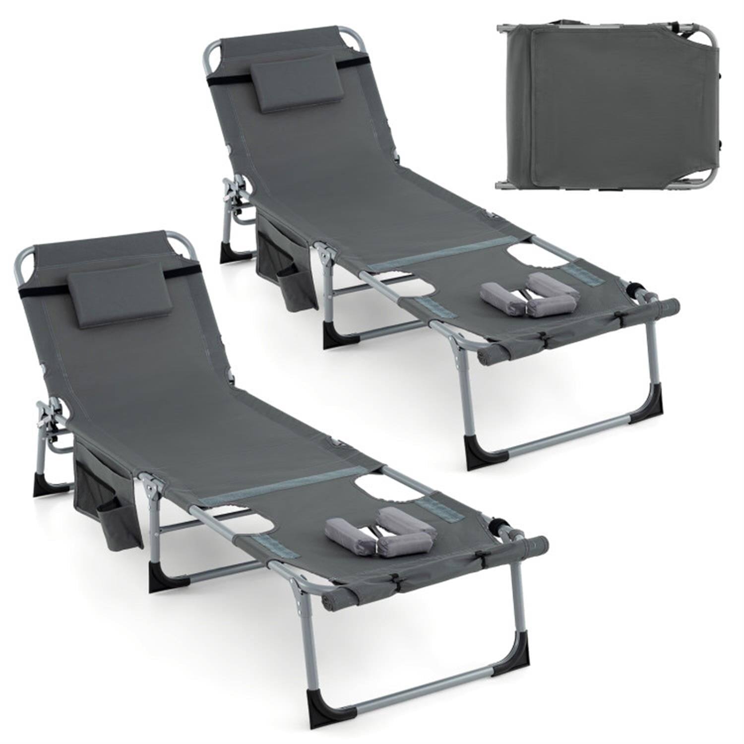 Left. Pefilos - 5-position Outdoor Patio Folding Chaise Lounge Chair for Outside Pool, Sunbathing and Reading on Stomach, Gray Cushion - Gray.