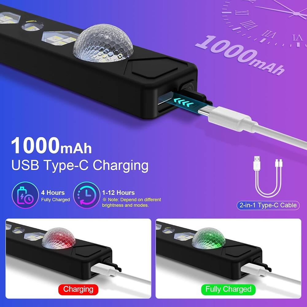 1000mAh  
USB Type-C Charging  

4 Hours Fully Charged  
1-12 Hours  
Note: Depend on different brightness and modes.  

2-in-1 Type-C Cable  

Charging  
Fully Charged