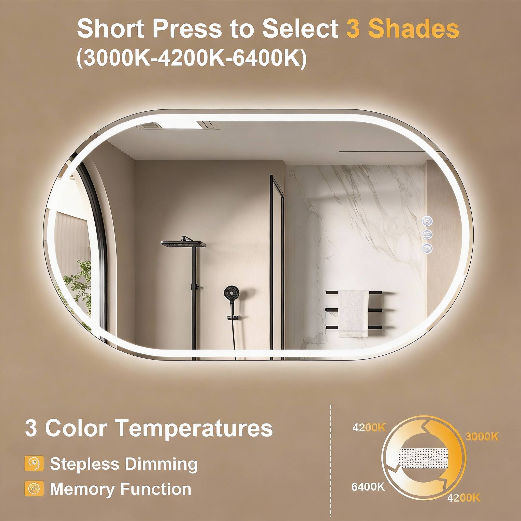 Short Press to Select 3 Shades (3000K-4200K-6400K)

3 Color Temperatures
- Stepless Dimming
- Memory Function

4200K
6400K
3000K
4200K