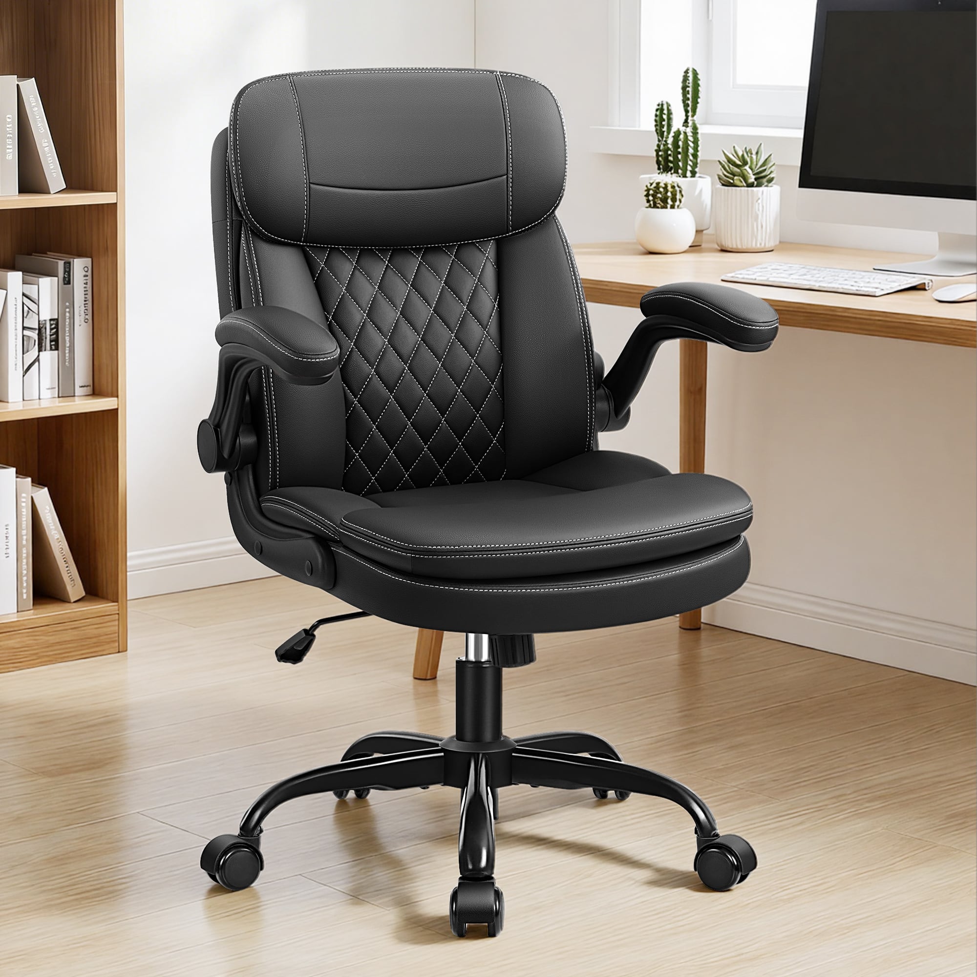 Brick Attic - Ergonomic Leather Office Chair with Adjustable Armrests,PU Computer Desk Chair with Double-Layer Seat Cushion - Black