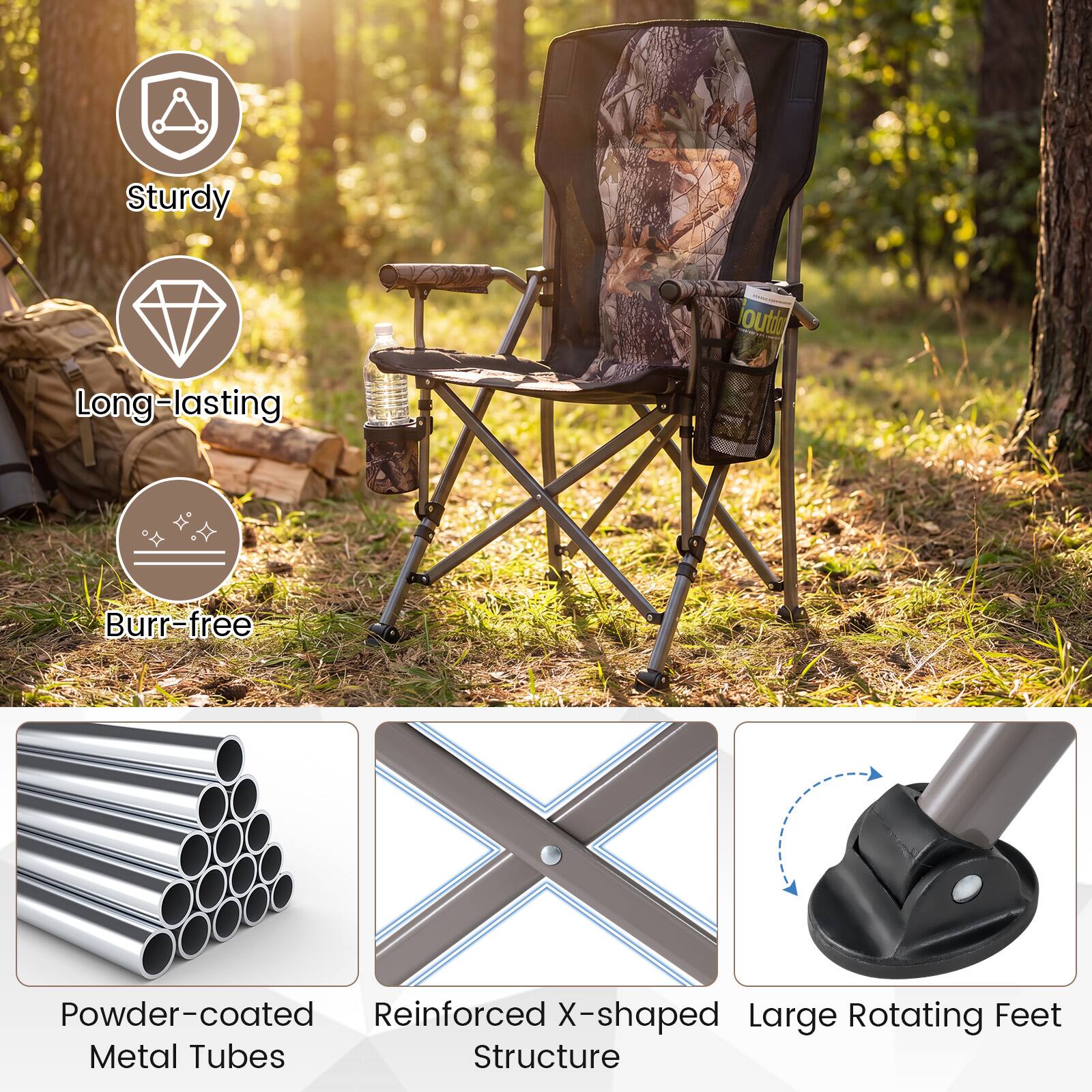 Sturdy  
Long-lasting  
Burr-free  
Powder-coated Metal Tubes  
Reinforced X-shaped Structure  
Large Rotating Feet