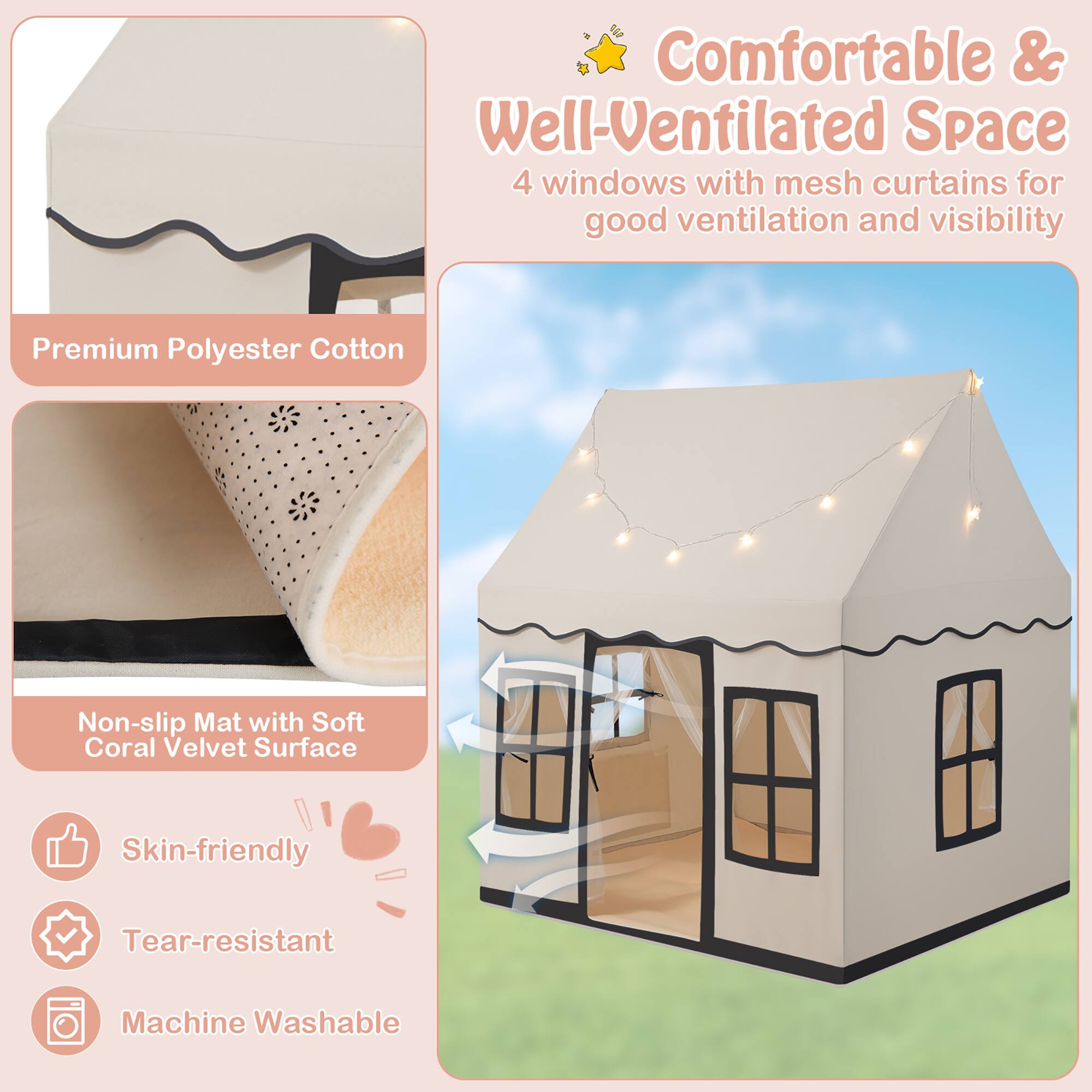 Comfortable & Well-Ventilated Space, 4 windows with mesh curtains for good ventilation and visibility, Premium Polyester Cotton, Non-slip Mat with Soft Coral Velvet Surface, Skin-friendly, Tear-resistant, Machine Washable