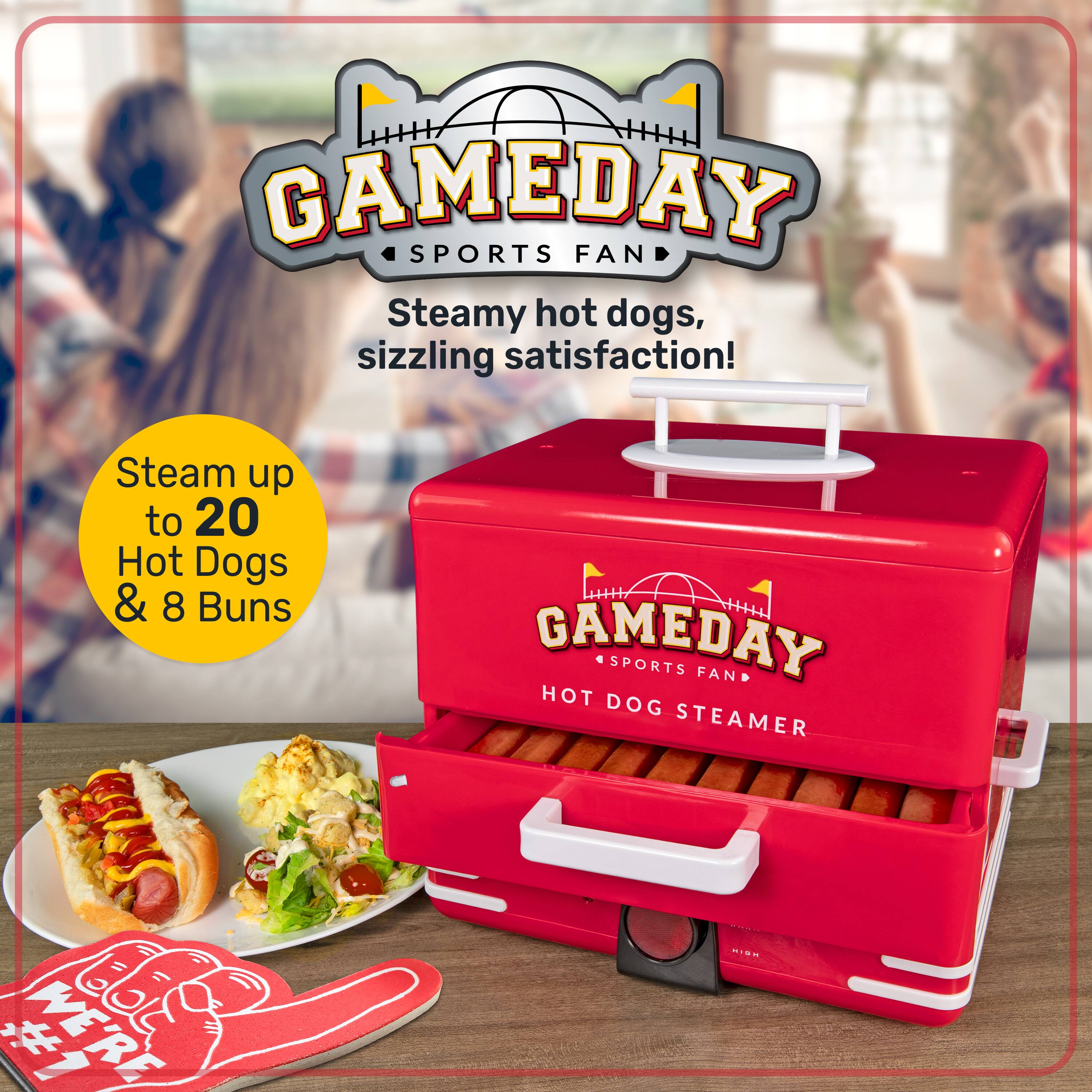 GAMEDAY SPORTS FAN  
Steamy hot dogs, sizzling satisfaction!  
Steam up to 20 Hot Dogs & 8 Buns  
GAMEDAY HOT DOG STEAMER  
WE'RE #1