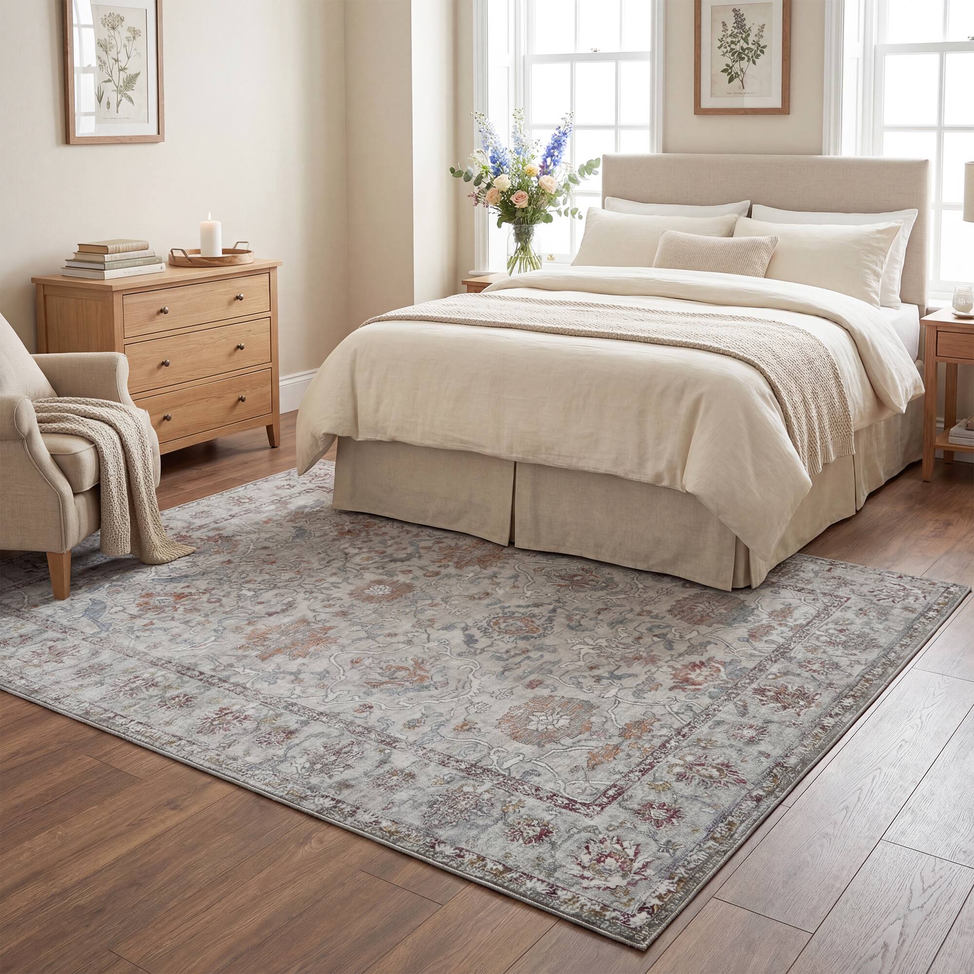 Back. RYHNUYNE - 5x7 Neutral Floral Rugs, Vintage Style Washable Area Rug, Non Slip Soft Low Pile Rug for Living Room Farmhouse Nursery O - gray.