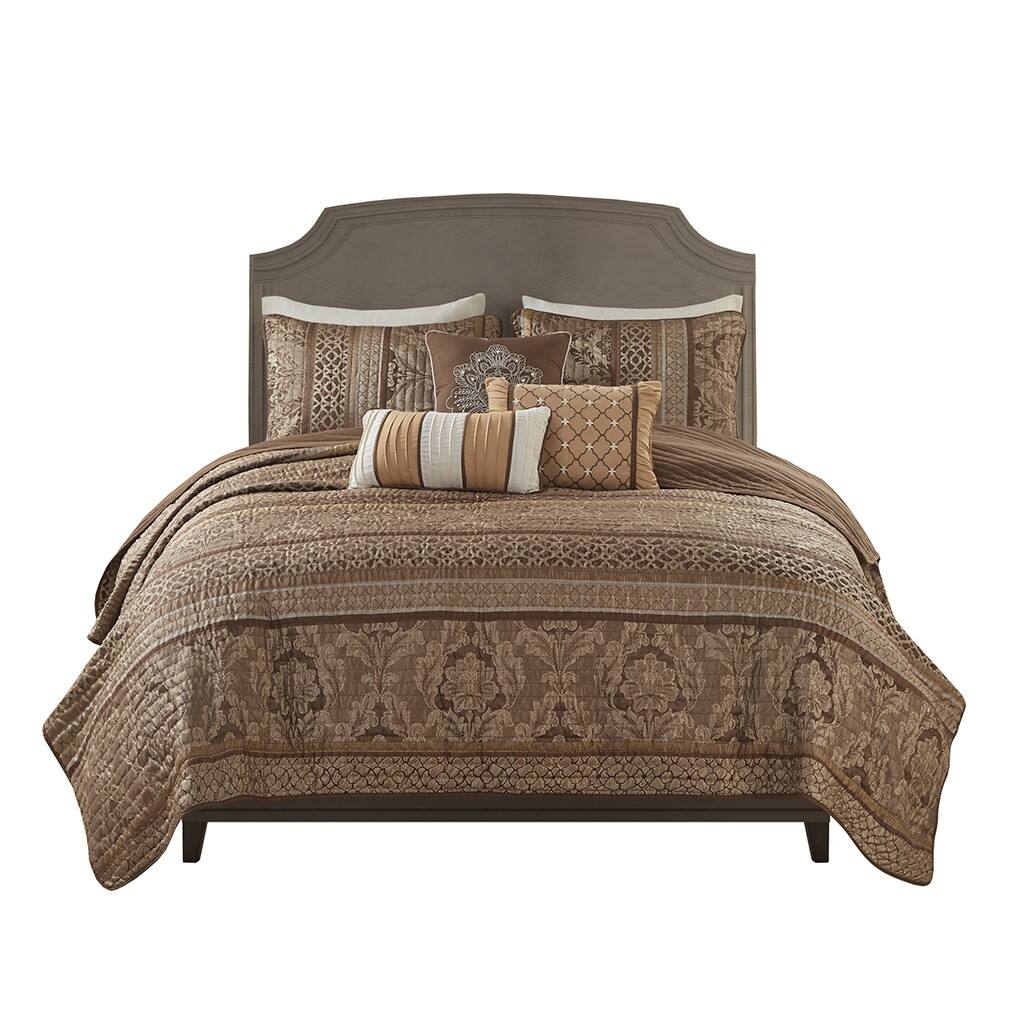 Front. Gracie Mills - Gracie Mills Bruce 6-Piece Reversible Jacquard Quilt Set with Throw Pillows - Brown/Gold.