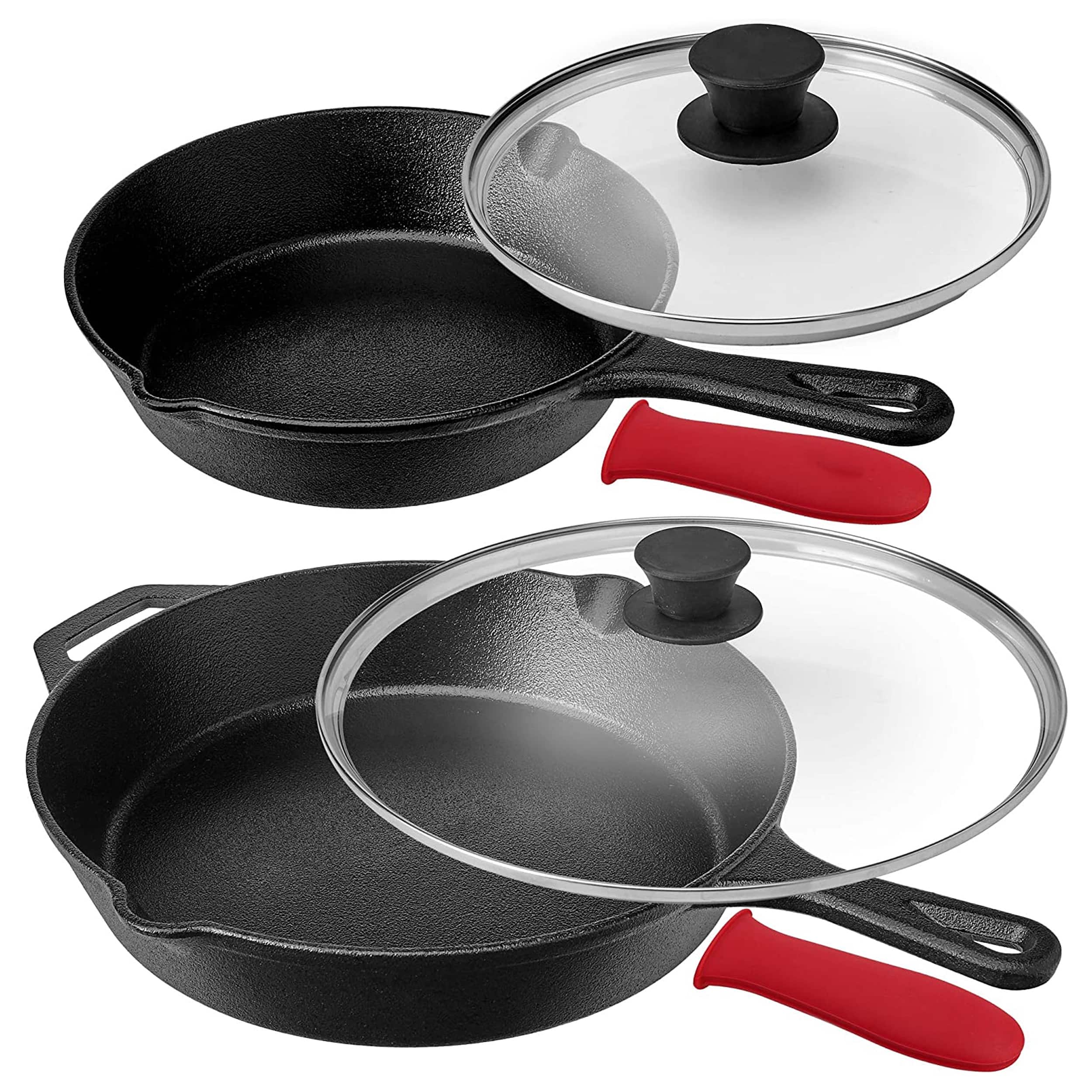 MegaChef - Pre-Seasoned 6 Piece Cast Iron Skillet Set with Lids and Red Silicone Holders - Black and Red