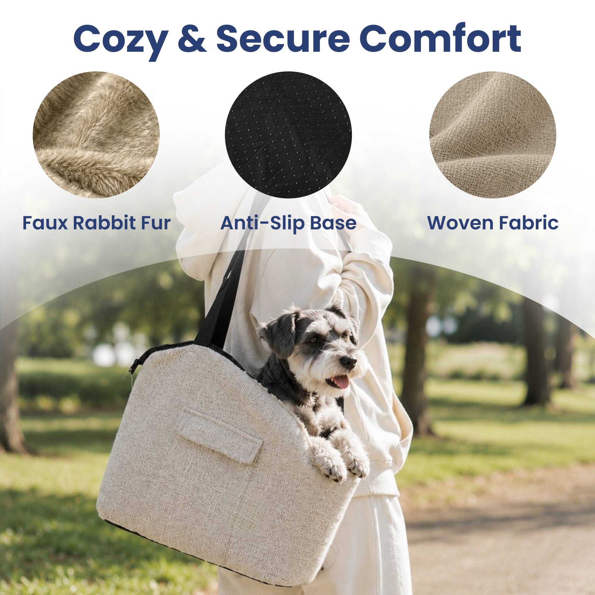 Cozy & Secure Comfort  
Faux Rabbit Fur  
Anti-Slip Base  
Woven Fabric