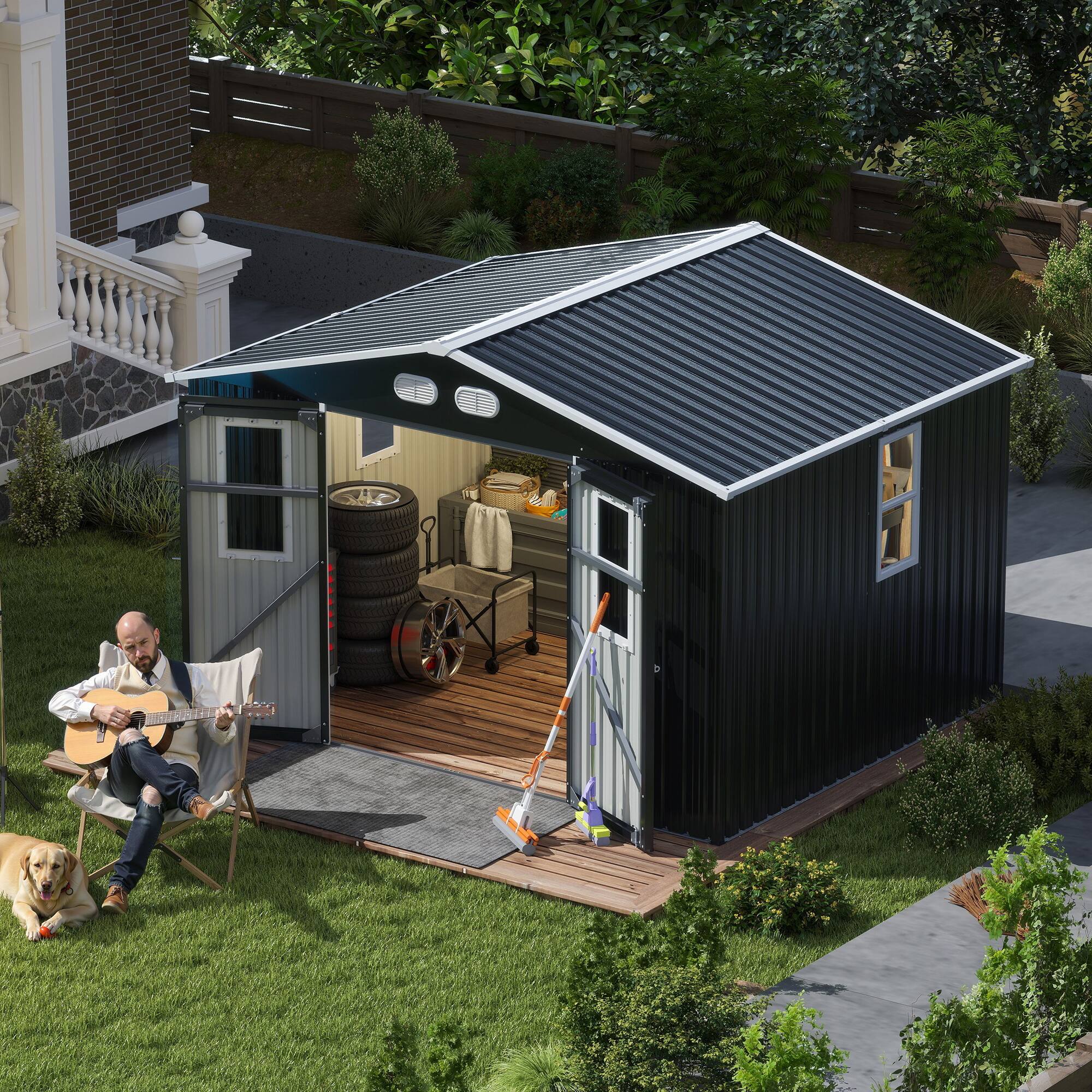Back. Mondawe - 8x10 FT Outdoor Storage Shed with Protective Film, Four Daylight Windows and Lockable Doors - Dark Gray.