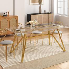 Ecooso - 70.9-inch rectangular glass dining table, suitable for 1-8 people, equipped with sturdy metal table legs - Gold