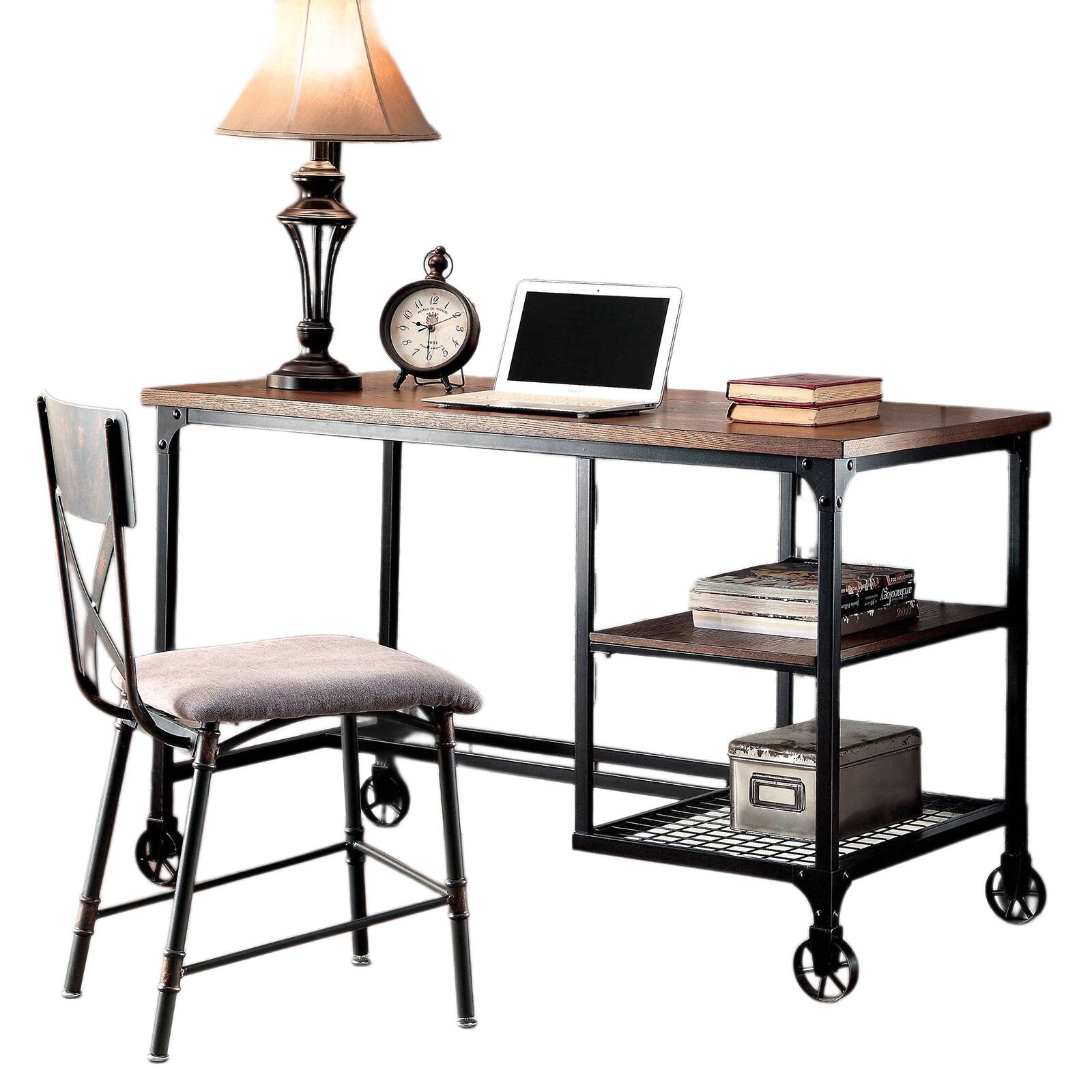 Left. APRILSOUL - Industrial Inspired Desk With An Antique Black Metal Construction Replicated Wood Top And Caster Wheel Accents - Antique Black.