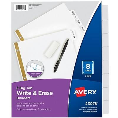 THEN 2007A

Projects To Do To Notes Calendar

8 TABS
1 SET

8 Big Tab Write & Erase Dividers
Write, erase and re-use with ballpoint pen or pencil
Gold reinforced holes for durability

AVERY 23078
For the complete line of Avery Dividers go to avery.com/dividers