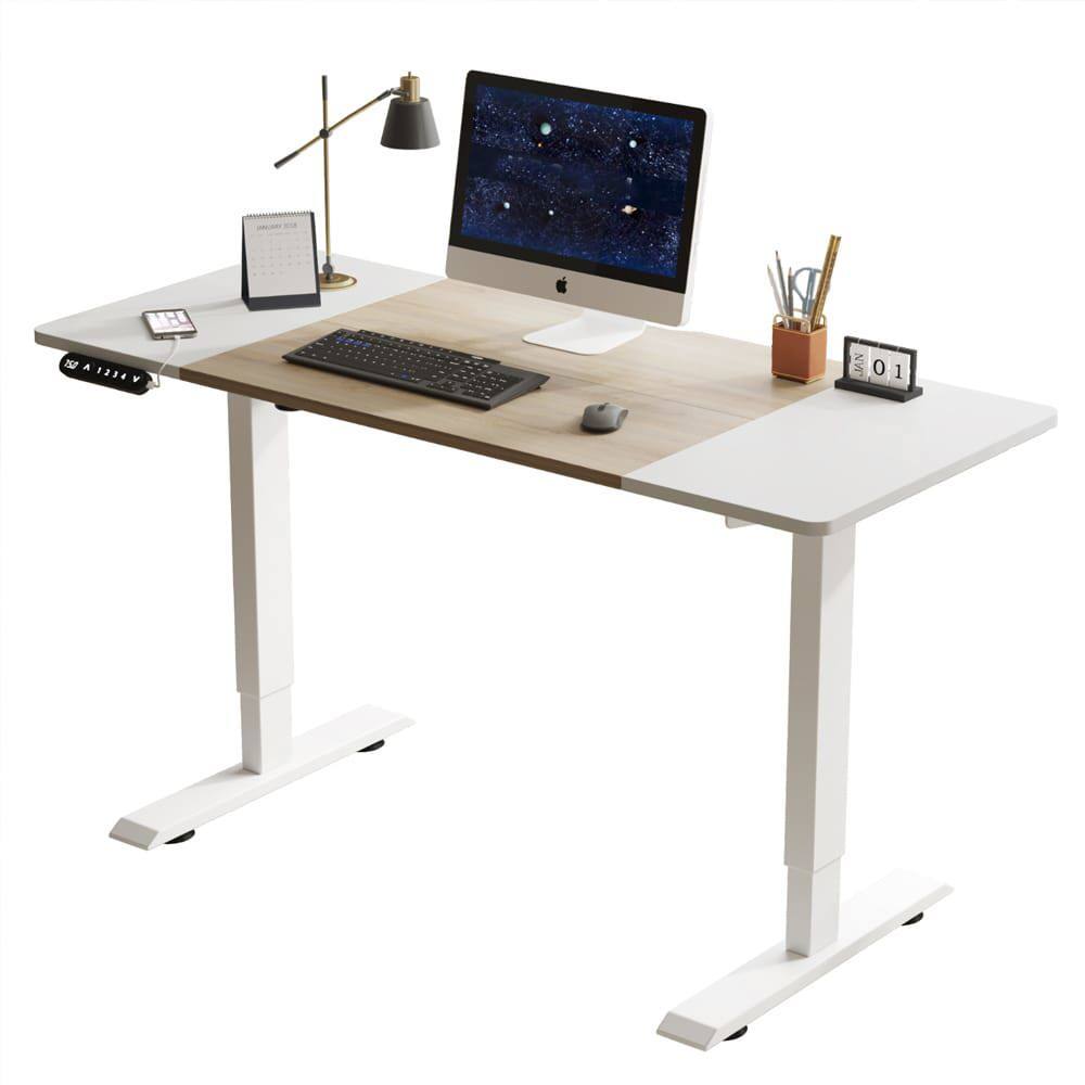 Alt View 7. Kadyn - 55" Electric Height Adjustable Standing Desk, Oak & Antique White Lift-up Gaming Table, Home Office - Brown.