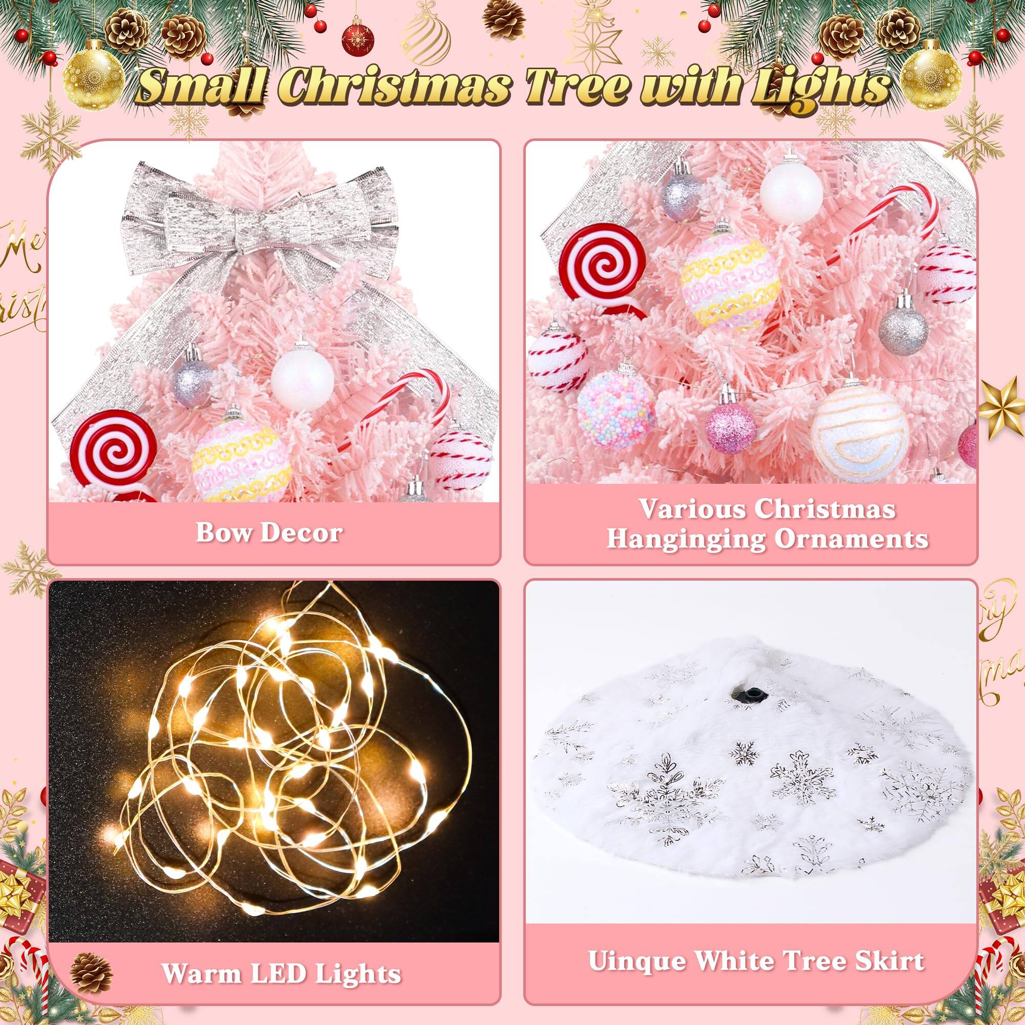Small Christmas Tree with Lights

- Bow Decor
- Various Christmas Hanging Ornaments
- Warm LED Lights
- Unique White Tree Skirt