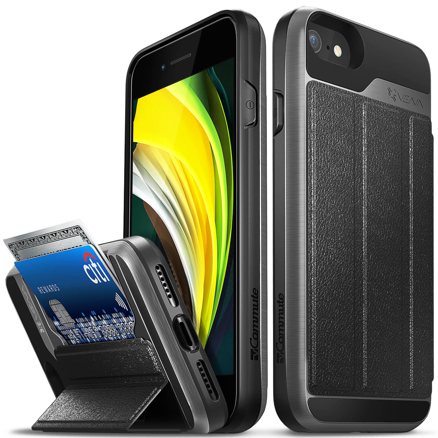 Vena - vCommute for Apple iPhone 7, iPhone 8, iPhone SE 2020 Wallet Case, Leather Flip Cover Card Slot and Kickstand - Black