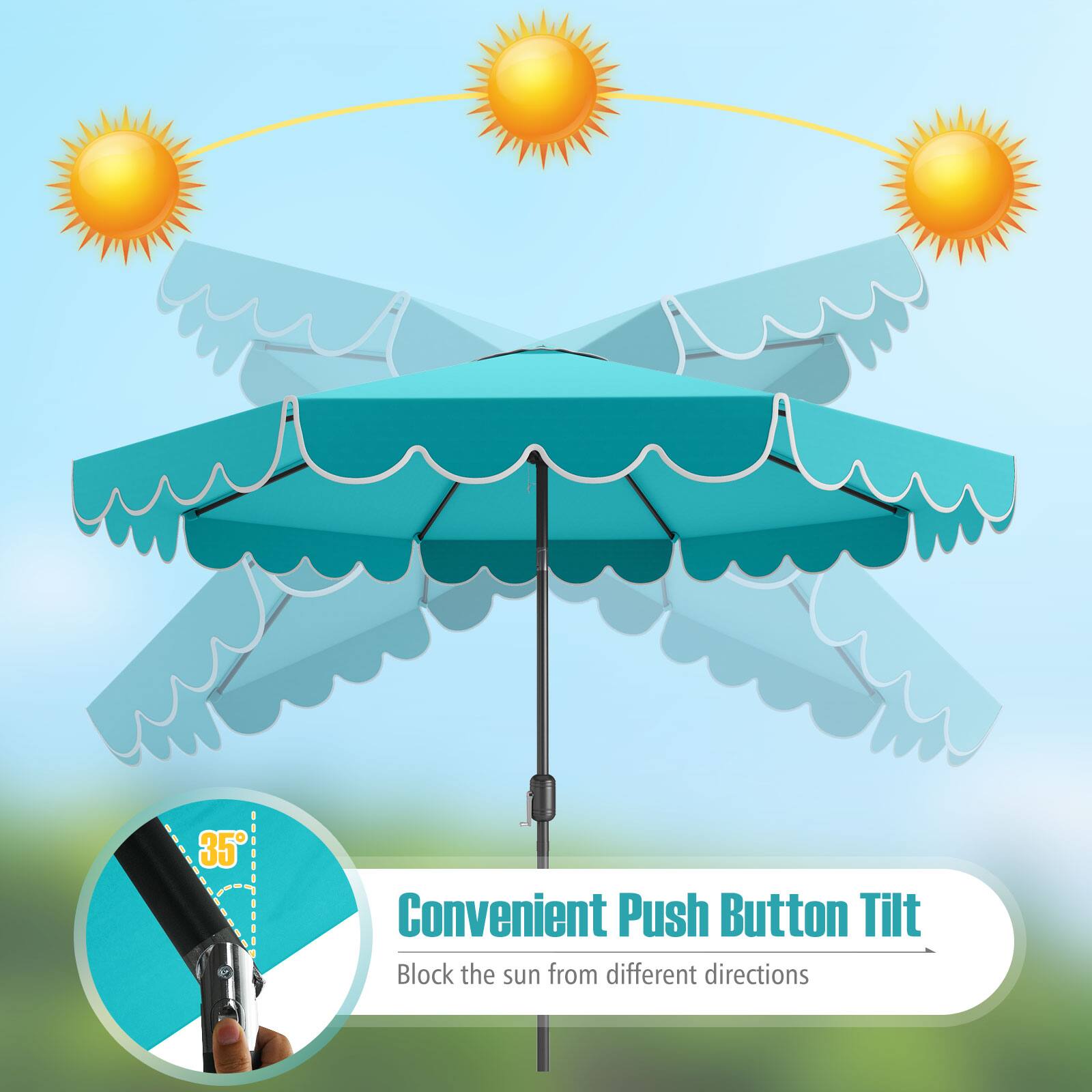 The text on the image reads: "35 Convenient Push Button Tilt Block the sun from different directions."