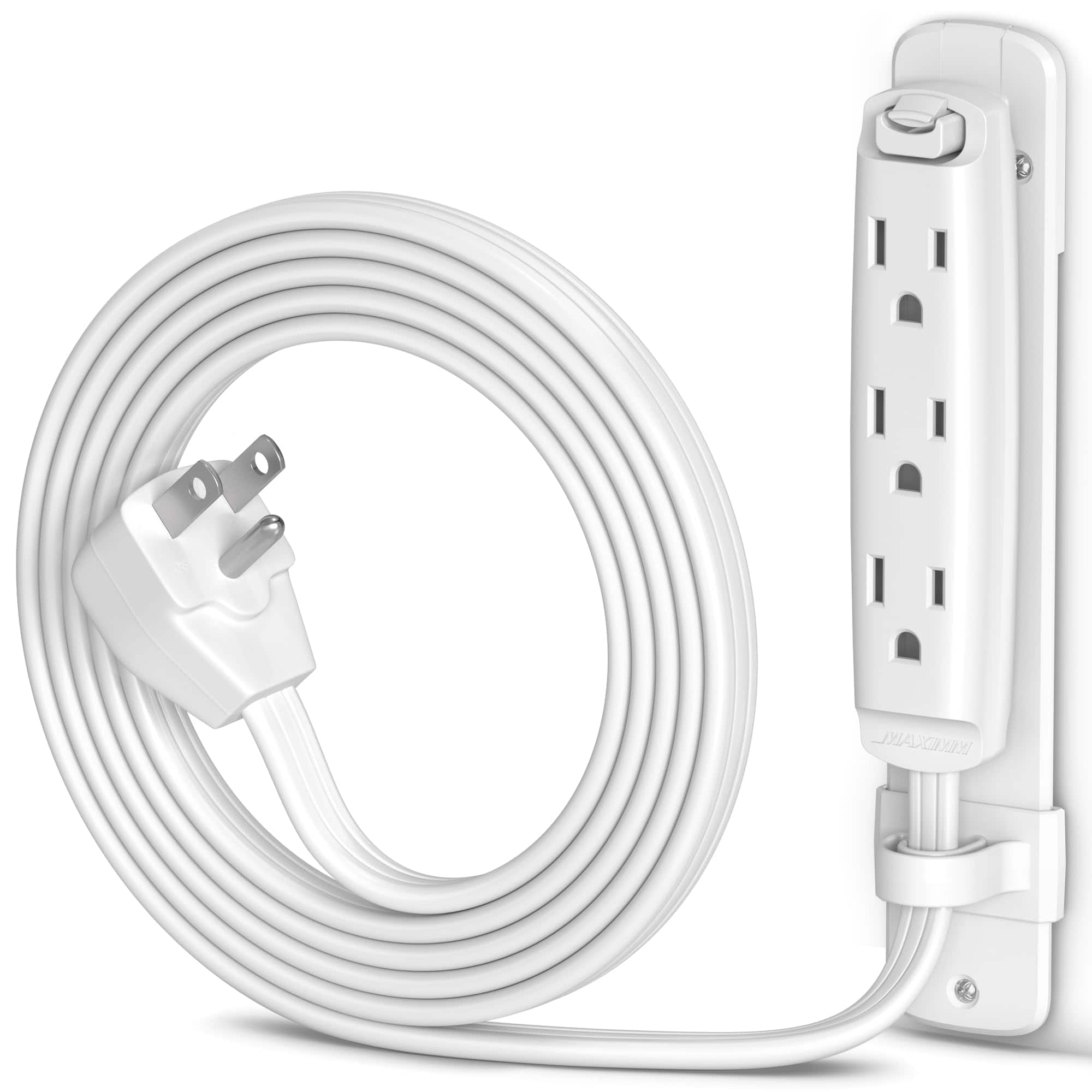 Maximm - Flat Extension Cord 4 ft Multi 3-Outlet Power Cord with Mounting Bracket, Grounded 16 AWG UL Certified - White