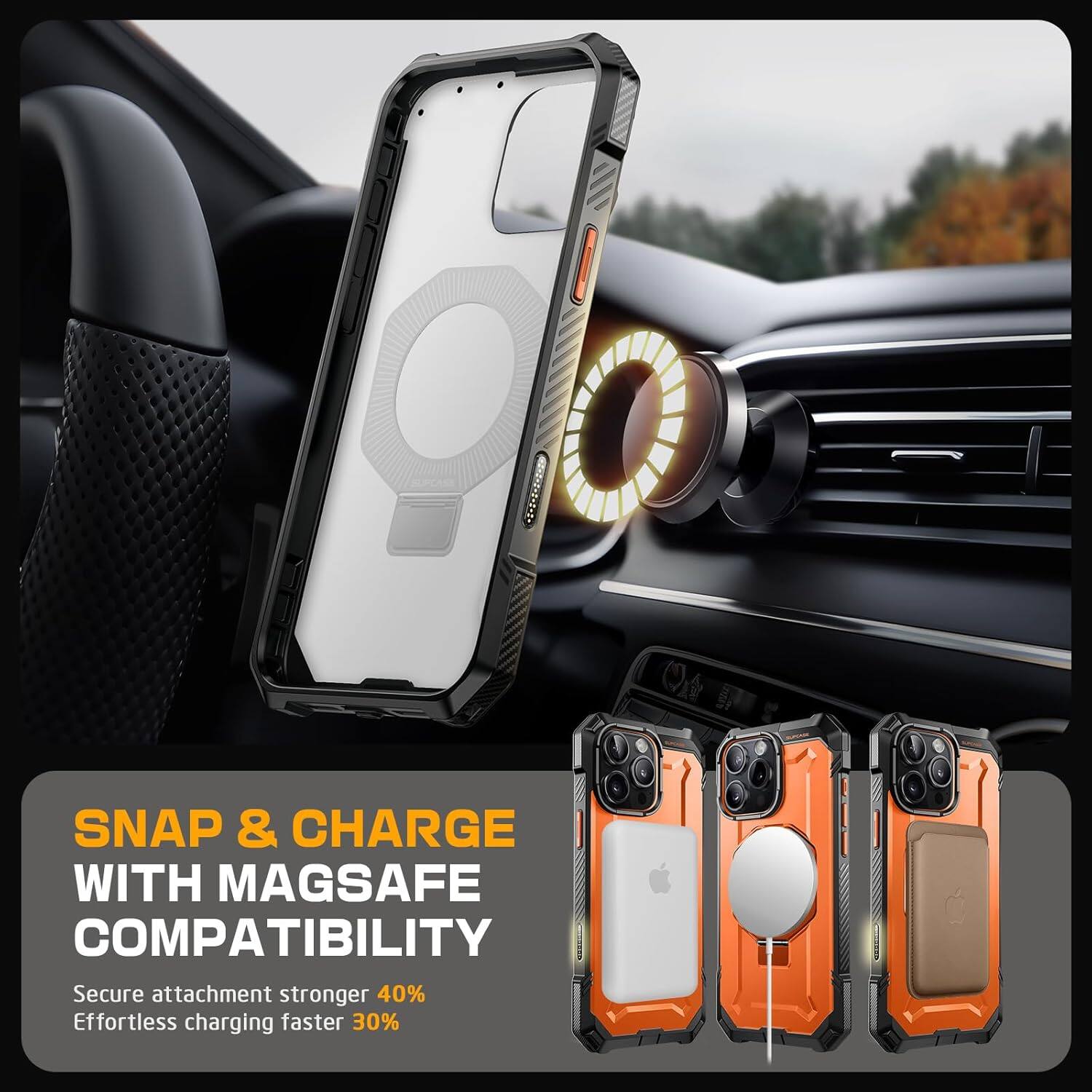 SNAP & CHARGE WITH MAGSAFE COMPATIBILITY

Secure attachment stronger 40%
Effortless charging faster 30%