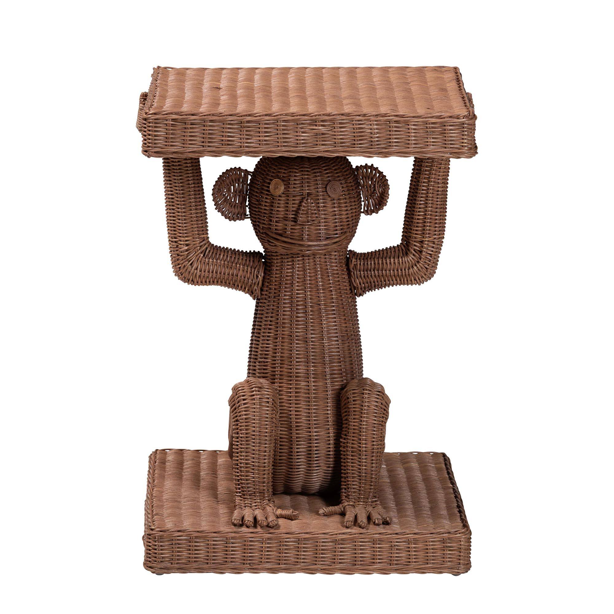 Angle. bali & pari - Miyoco Monkey End Table - Handwoven Rattan Sculptural Accent Side Table with Platform Base - Light Brown.