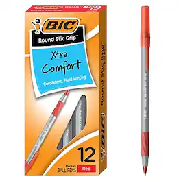 BIC - Round Stic Grip Xtra Comfort Pens Pen, Medium Point, 1.2mm, Red Ink, Dozen (GSMG11-RED) - Gray/Silver
