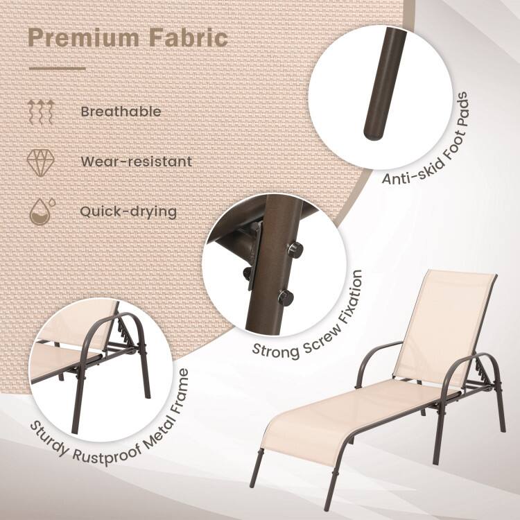 Premium Fabric  
Breathable  
Wear-resistant  
Quick-drying  

Anti-skid Foot Pads  

Sturdy Rustproof Metal Frame  

Strong Screw Fixation