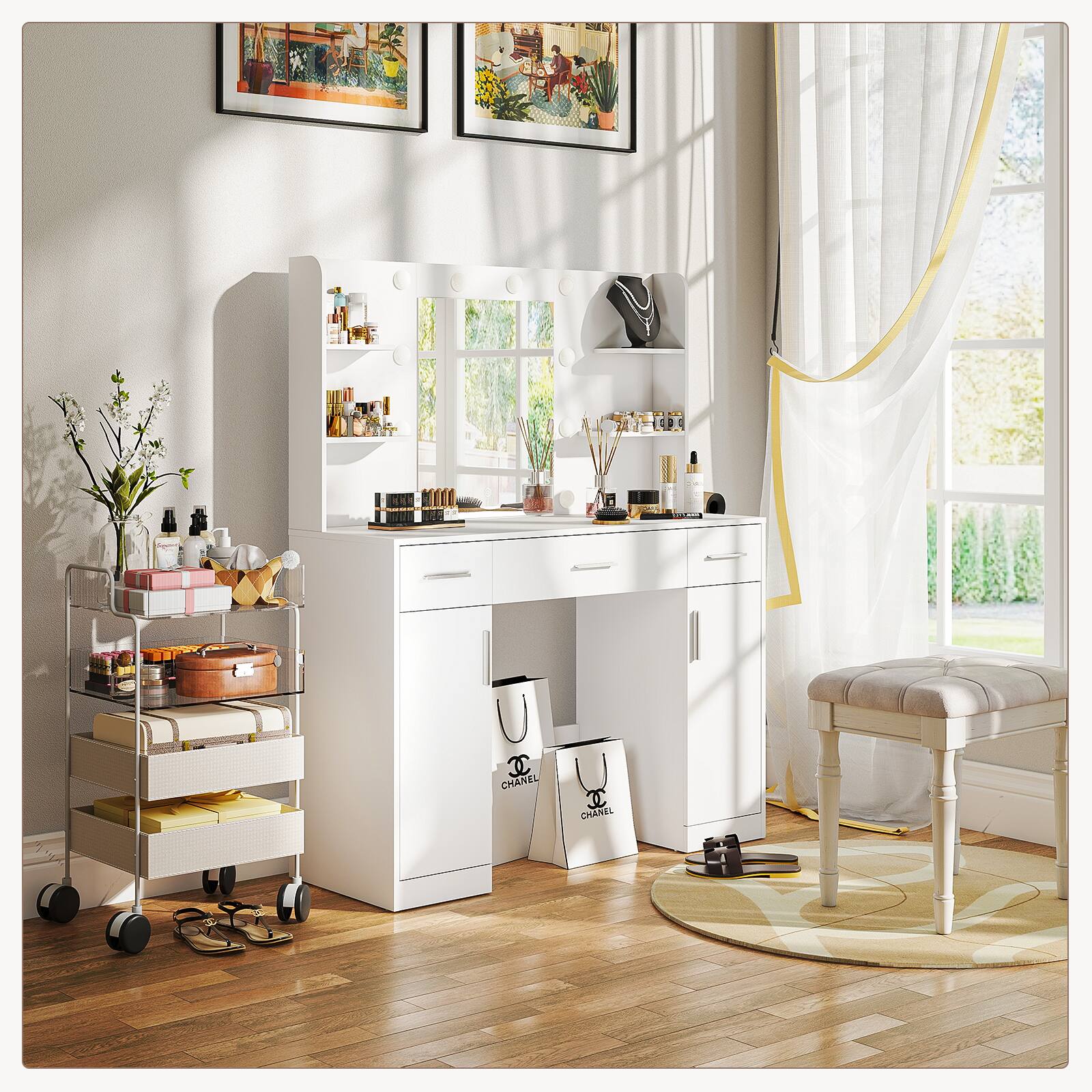 Lirago - 48in. Bedroom Dressing Table with Mirror 3-Color Light Options,Adjustable Brightness,3-drawers,2-storage cabinet - White