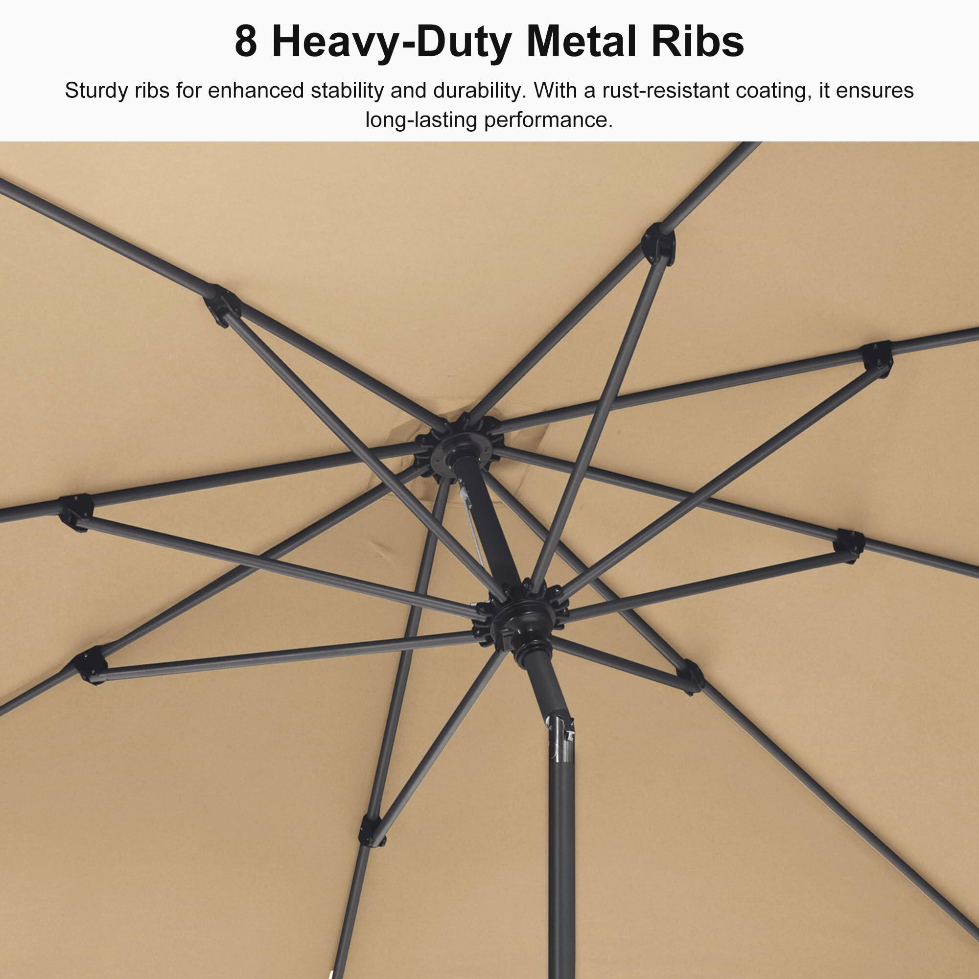 8 Heavy-Duty Metal Ribs

Sturdy ribs for enhanced stability and durability. With a rust-resistant coating, it ensures long-lasting performance.