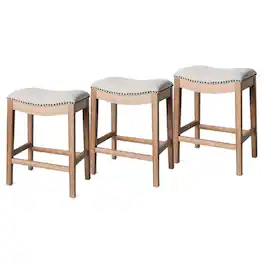 Maven Lane - Adrien Saddle Counter Stool Finish w/ Sand Color Fabric Upholstery, Set of 3 - Weathered Oak
