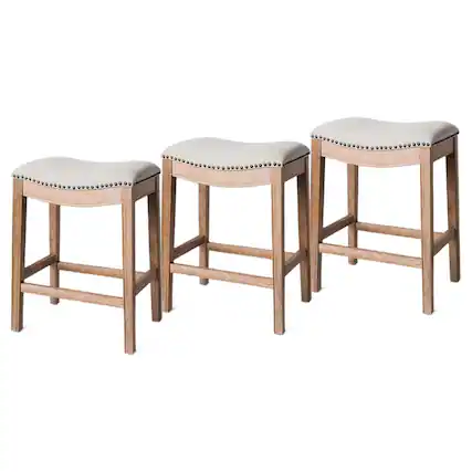 Front. Maven Lane - Maven Lane Adrien Saddle Counter Stool in Weathered Oak Finish w/ Sand Color Fabric Upholstery, Set of 3 - Weathered Oak.